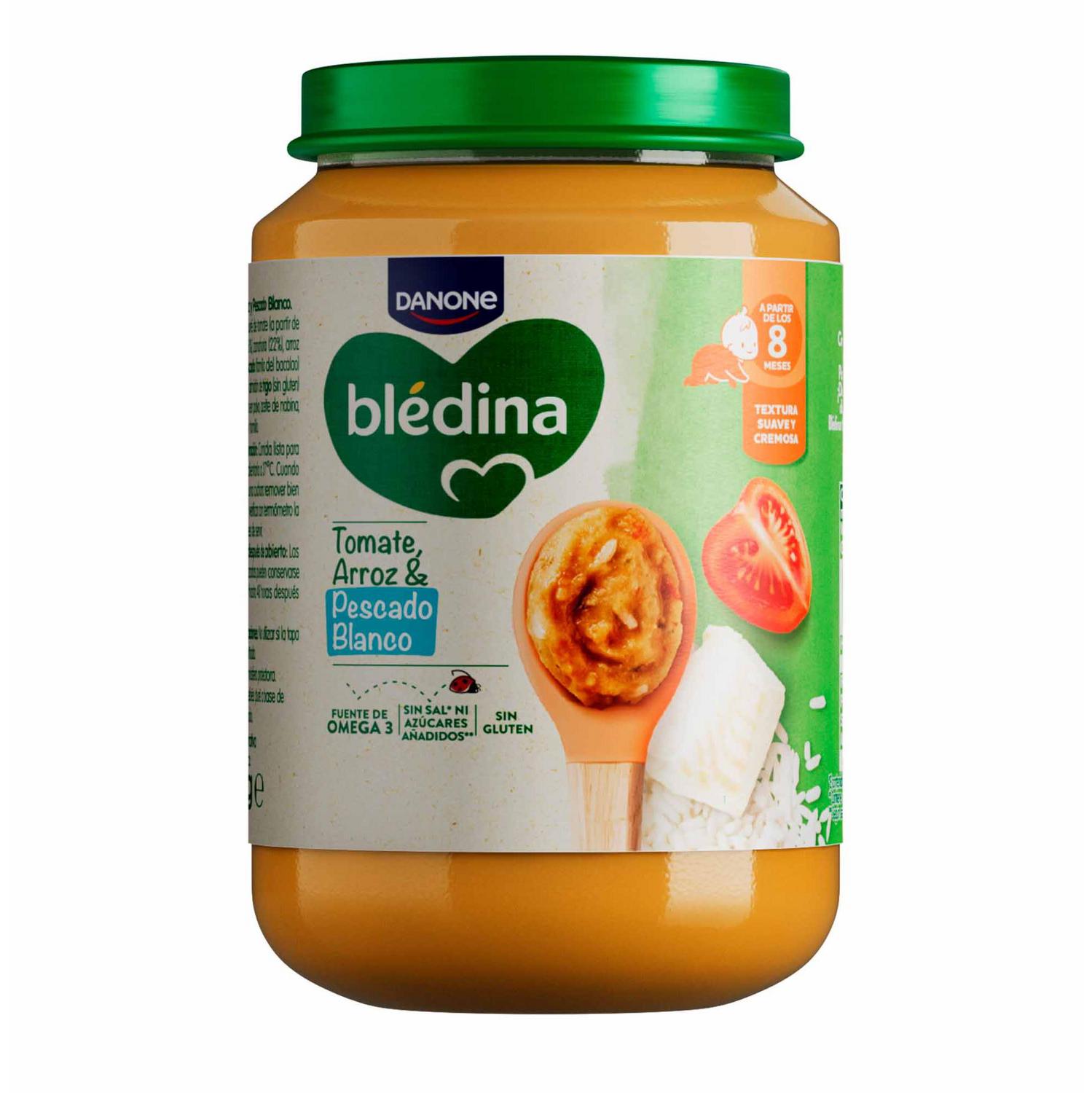 Tarrito de tomate, arroz y pescado blanco desde 8 meses Danone Blédina sin gluten y sin azúcar añadido 200 g.