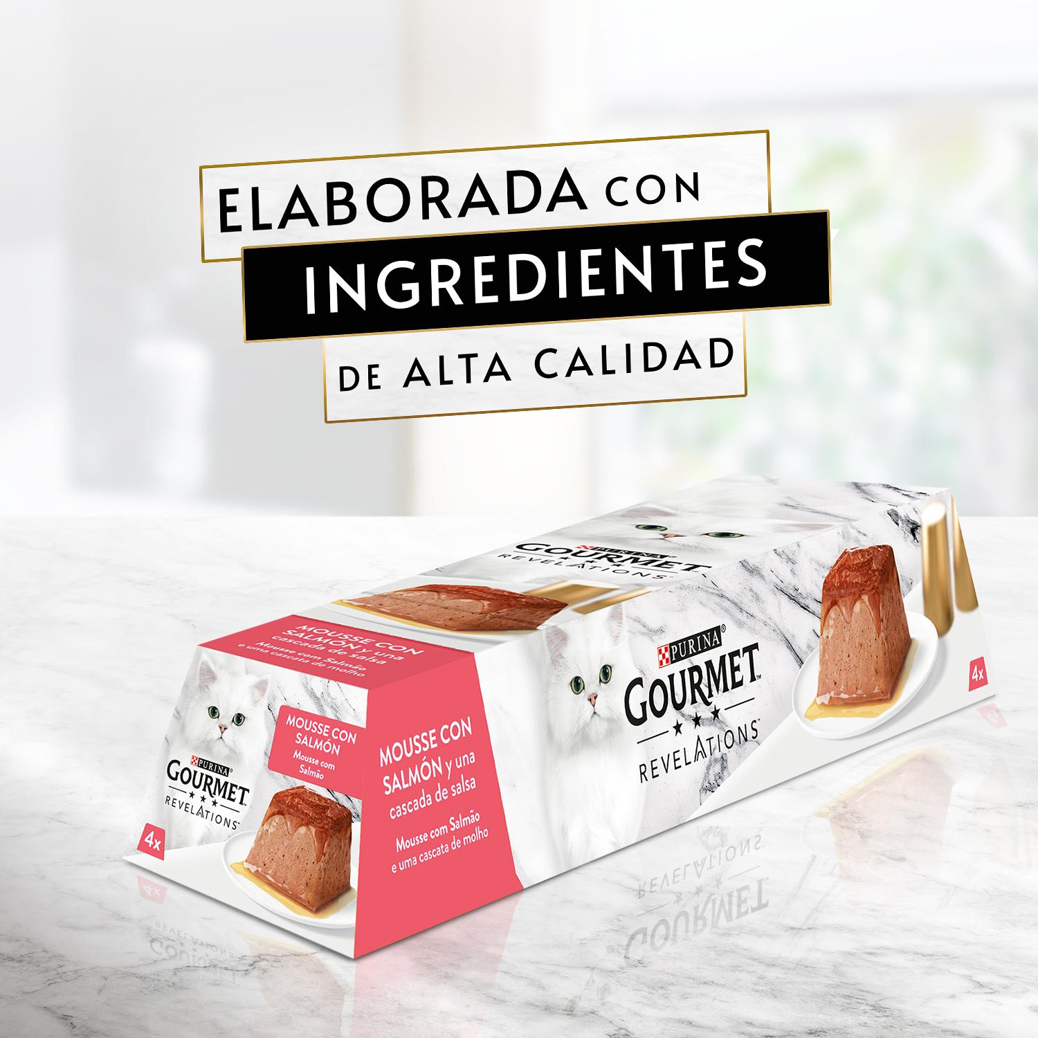 Comida húmeda de mousse con salmón para gato adulto Purina Gourmet 4x57 g.