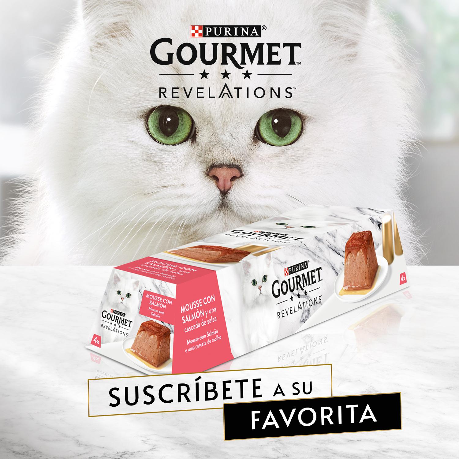 Comida húmeda de mousse con salmón para gato adulto Purina Gourmet 4x57 g.