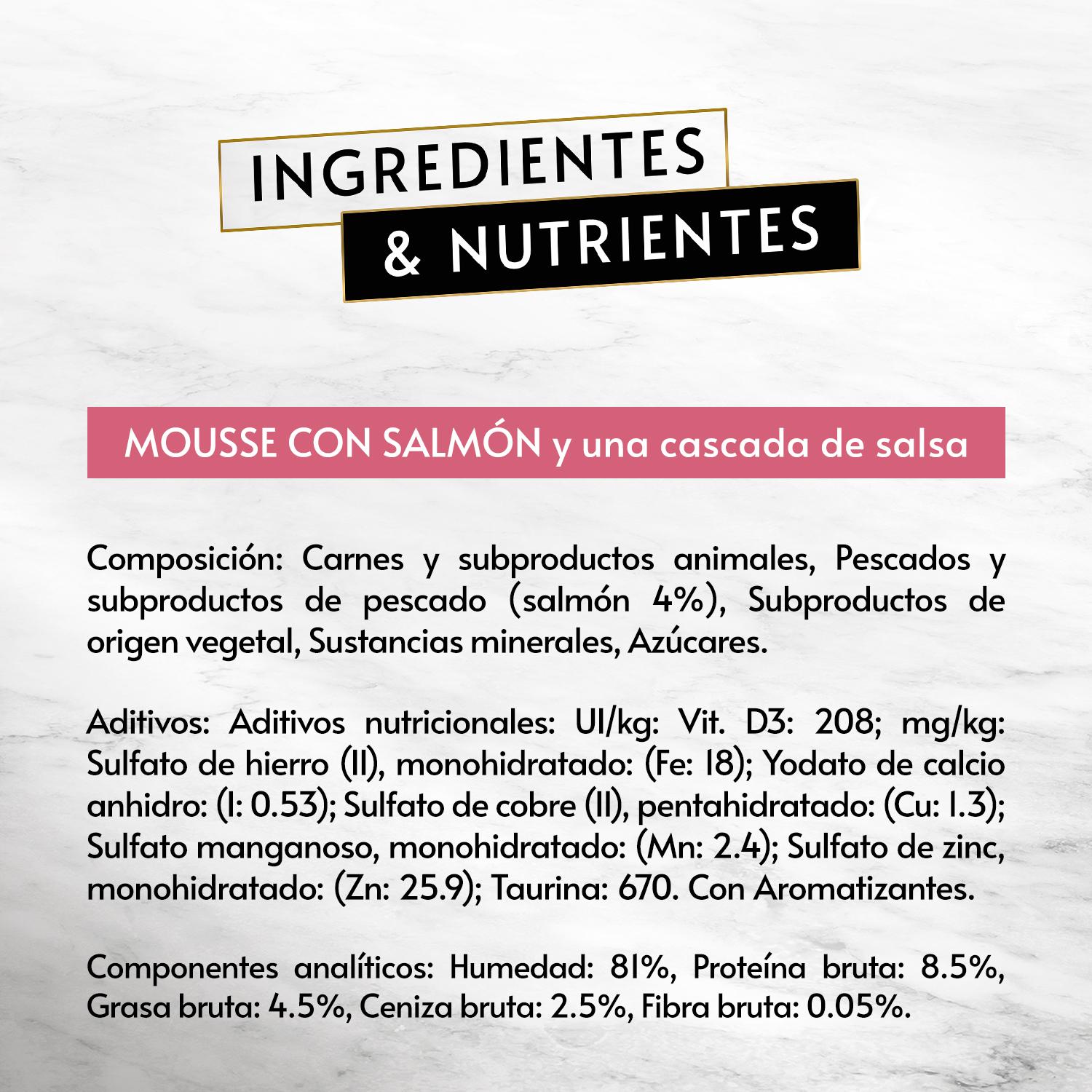 Comida húmeda de mousse con salmón para gato adulto Purina Gourmet 4x57 g.