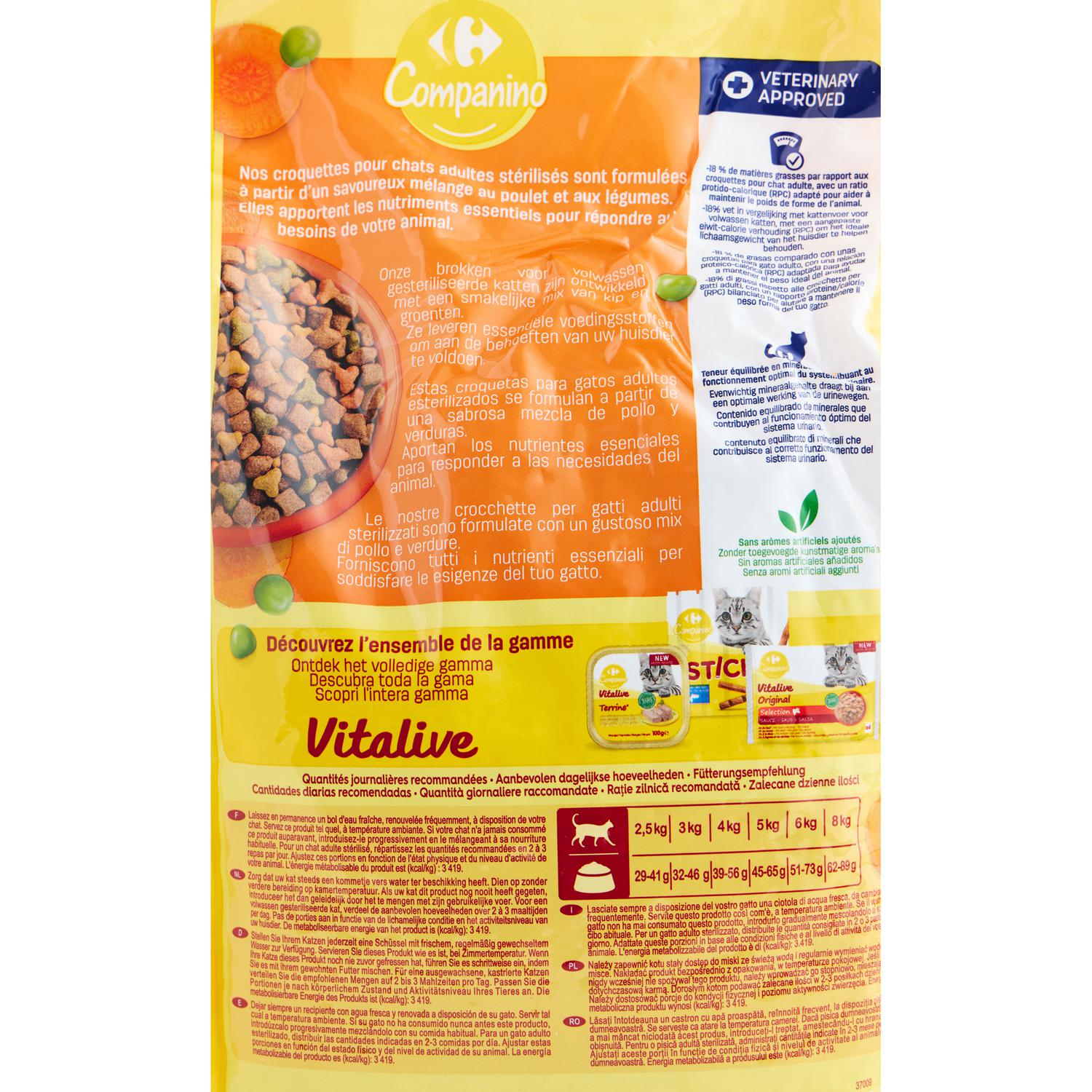 Pienso esterilizado de pollo y verduras para gatos Vitalive Carrefour Companino 2 kg.