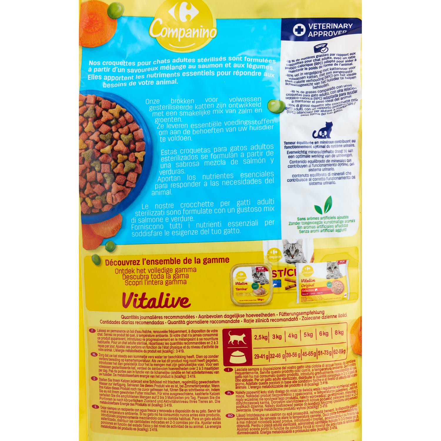Pienso esterilizado de salmón y verduras para gatos Vitalive Carrefour Companino 2 kg.
