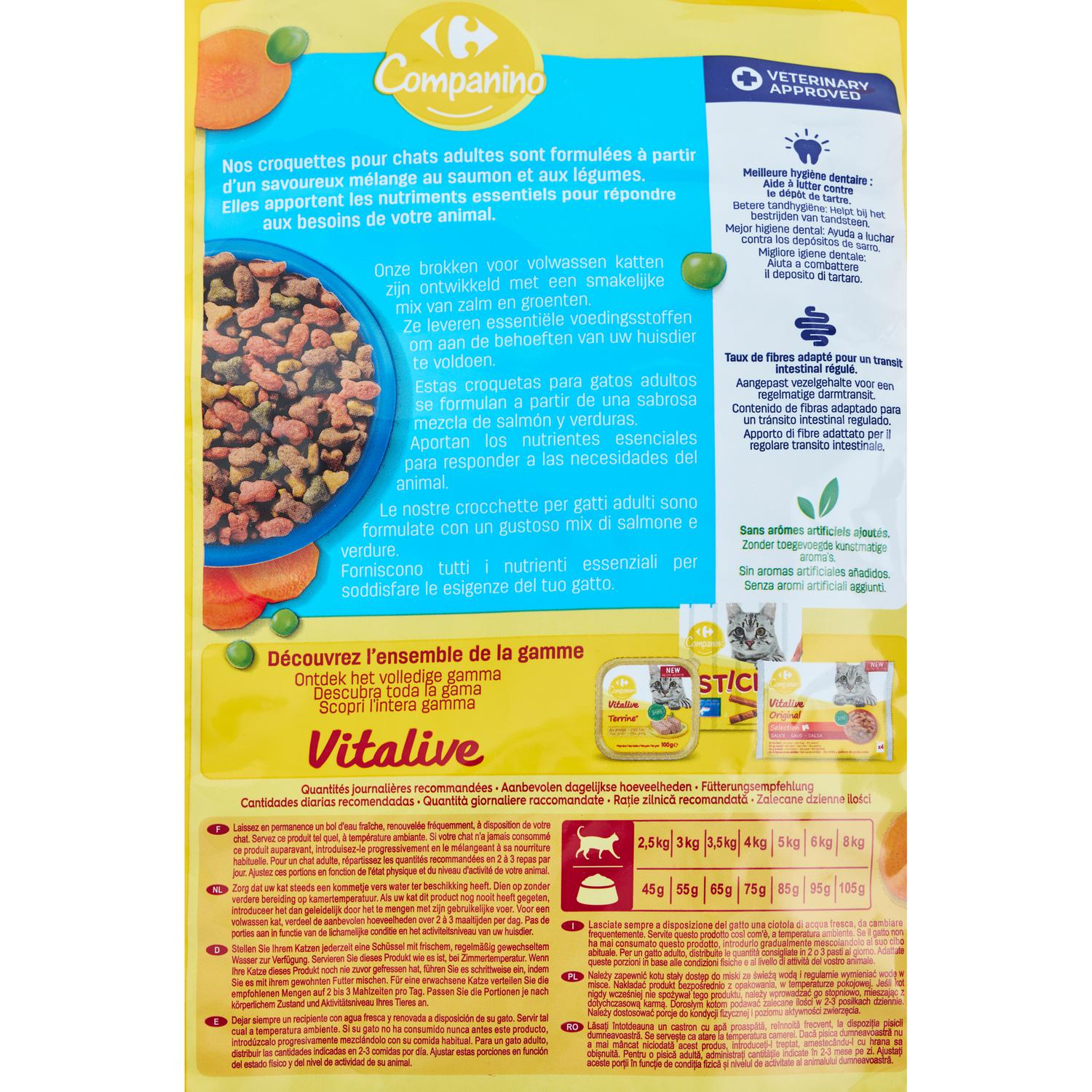 Pienso de salmón y verduras para gatos adultos Vitalive Carrefour Companino 2 kg.