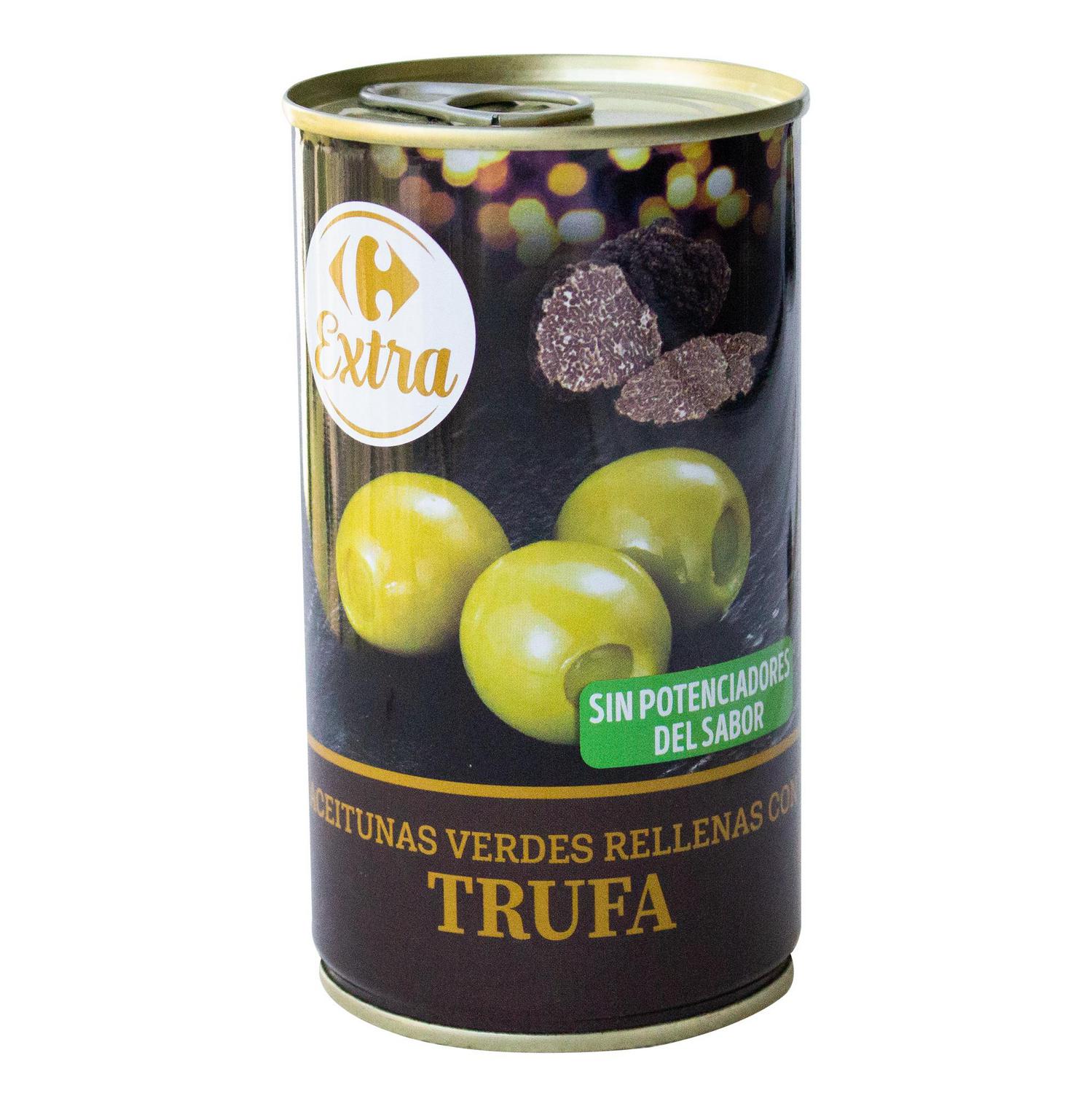 Aceitunas verdes rellenas de trufa Extra Carrefour 150 g.