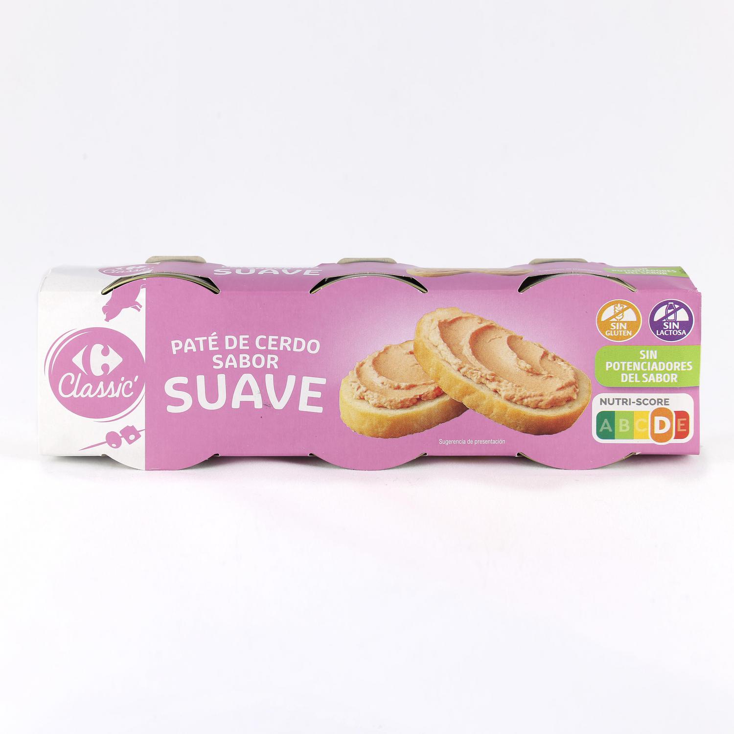 Paté de cerdo sabor suave Classic Carrefour pack de 3 latas de 80 g.
