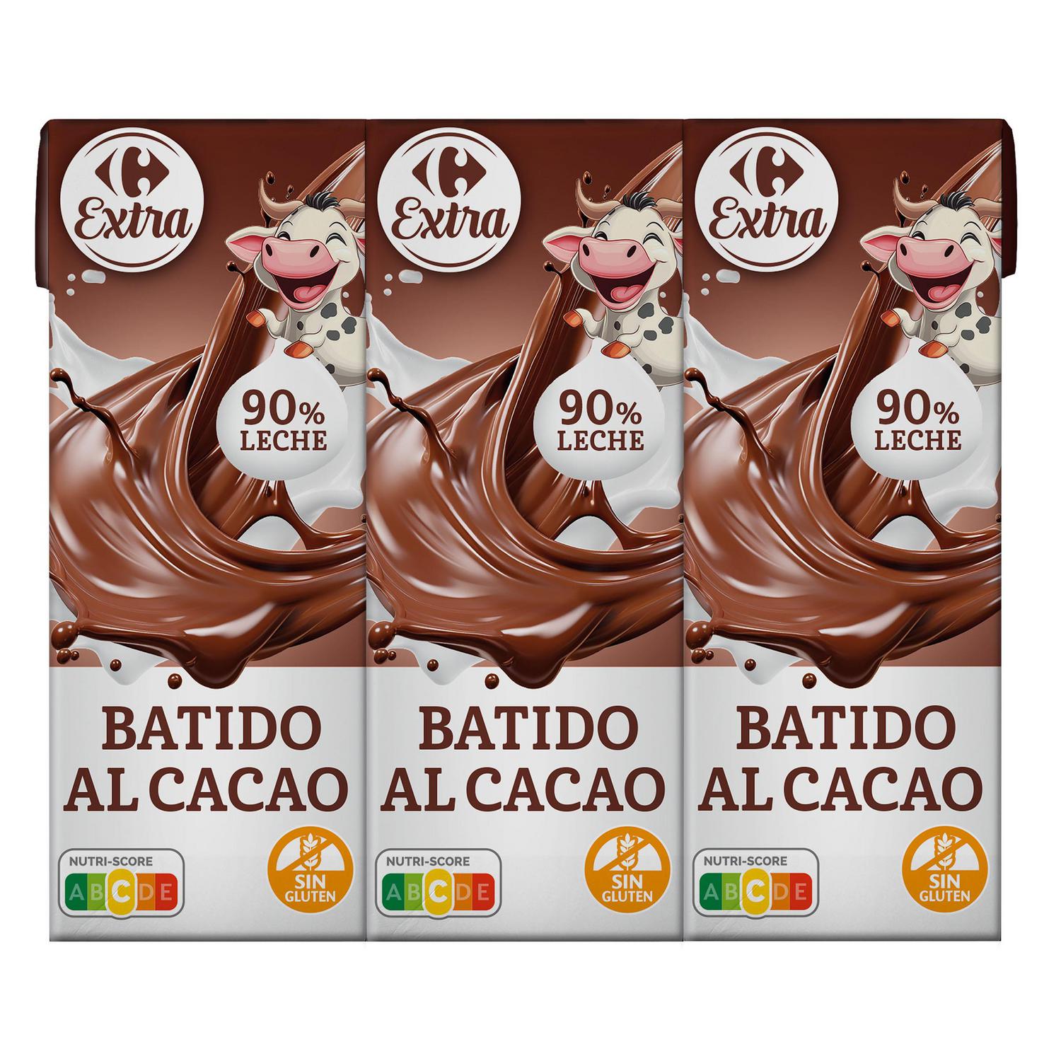 Bebida láctea al cacao Carrefour Extra sin gluten pack de 6 minibriks de 200 ml.