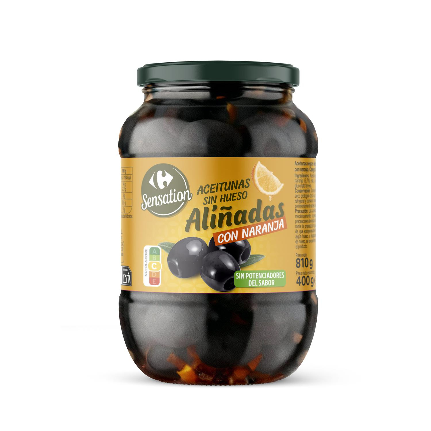 Aceitunas negras sin hueso aliñadas con naranja Sensation Carrefour sin gluten 400 g.