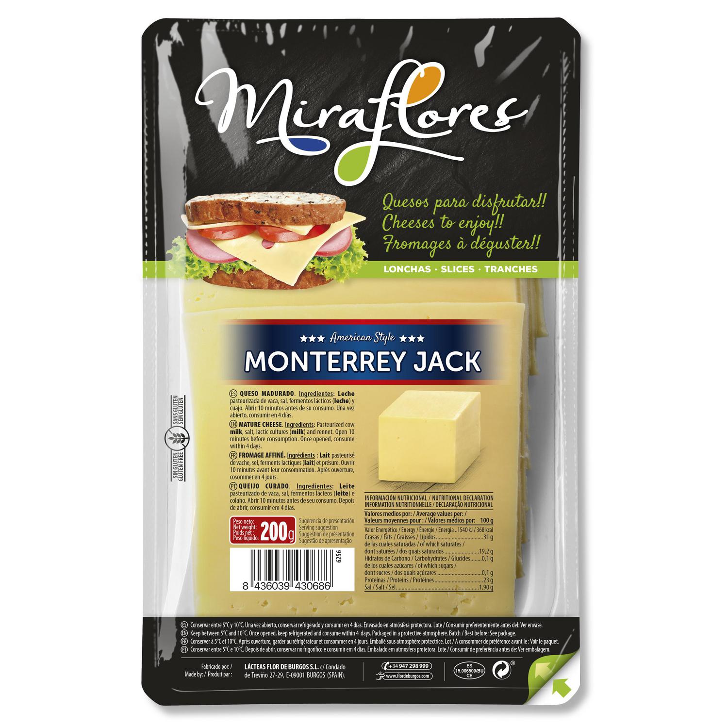 Queso madurado graso en lonchas Monterrey Jack Miraflores sin gluten 200 g.
