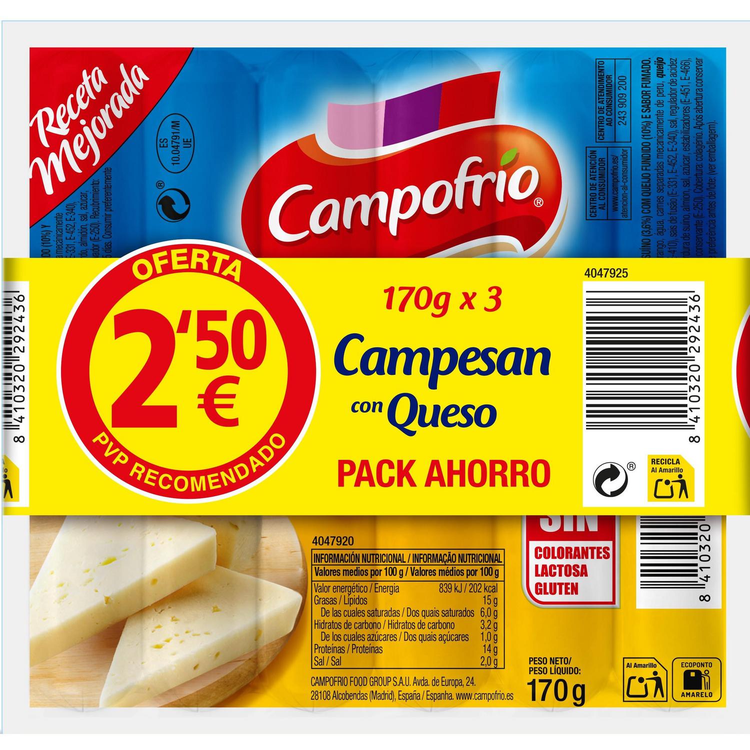 Salchichas campesan con queso Campofrío sin gluten y sin lactosa pack de 3 unidades de 170 g.