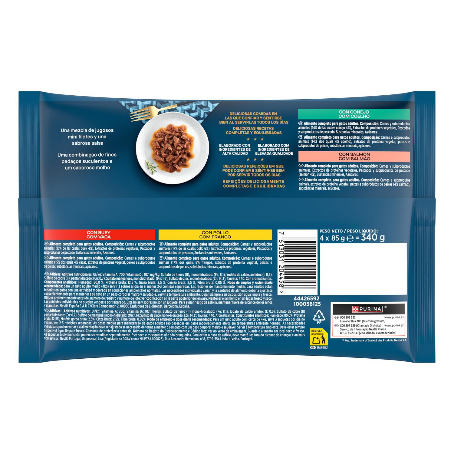 Comida húmeda en salsa con buey, pollo, conejo y salmón para gato adulto Purina Gourmet Perle 4x85 g.