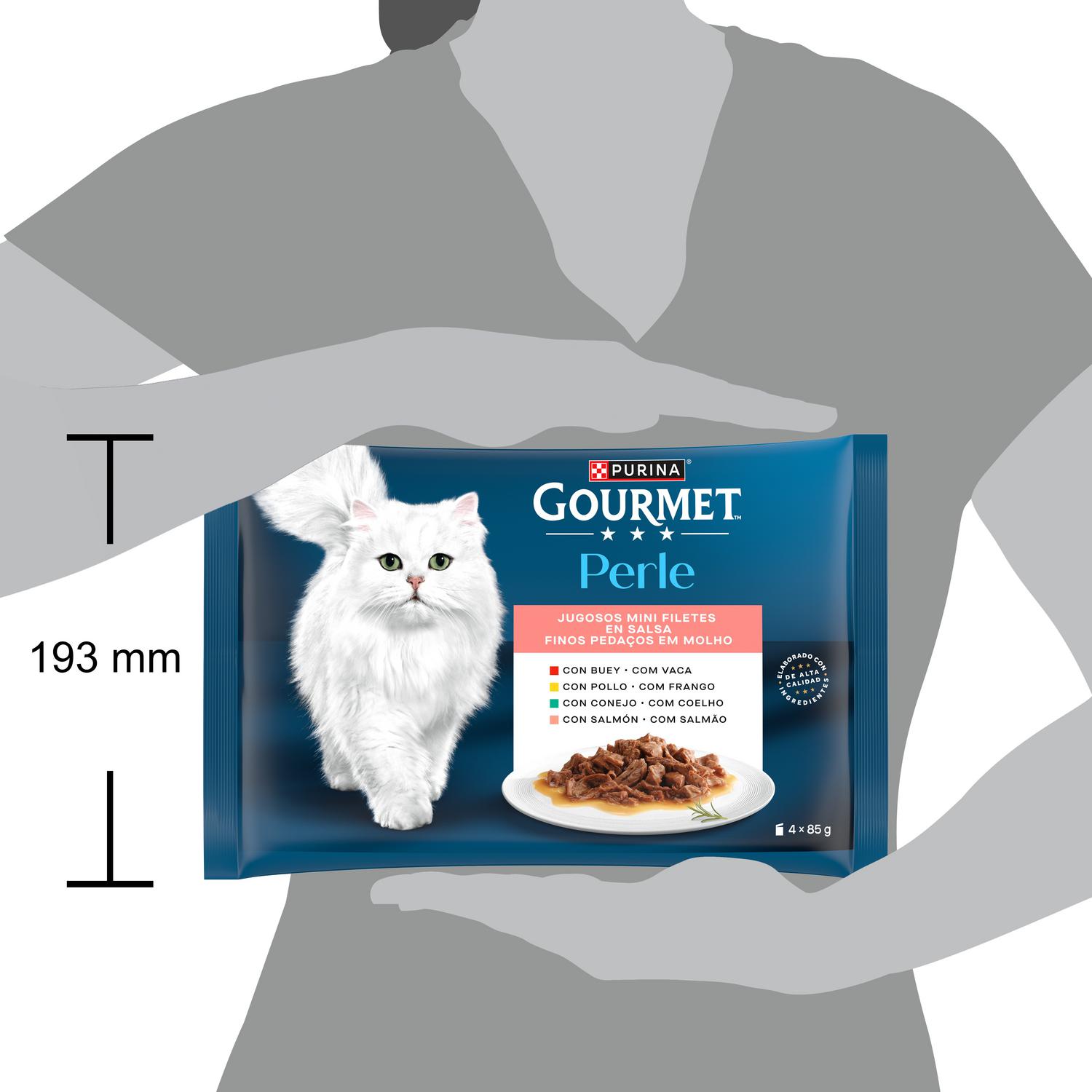 Comida húmeda en salsa con buey, pollo, conejo y salmón para gato adulto Purina Gourmet Perle 4x85 g.