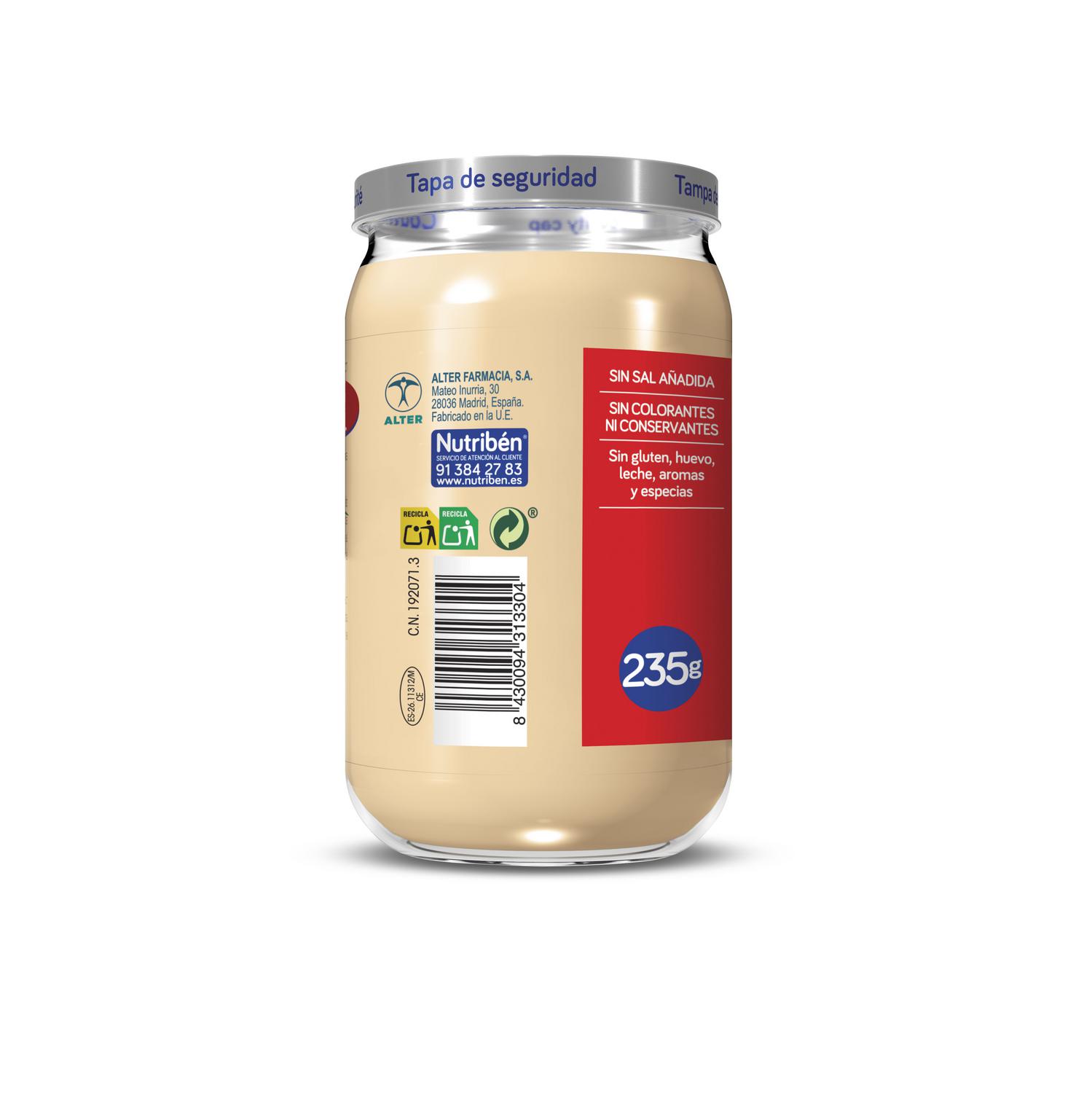 Tarrito de ternera con patatas y zanahorias desde los 6 meses Nutribén Potitos sin gluten 235 g.