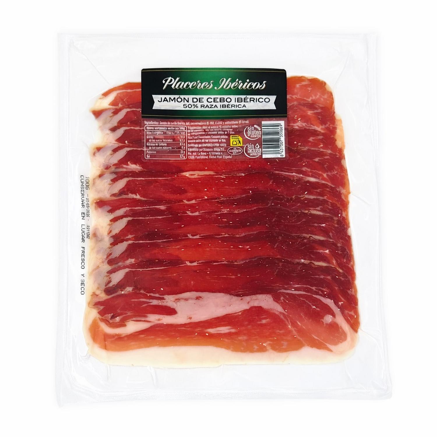 Jamón cebo ibérico 50% raza ibérica Placeres Ibericos sin gluten y sin lactosa 100 g.