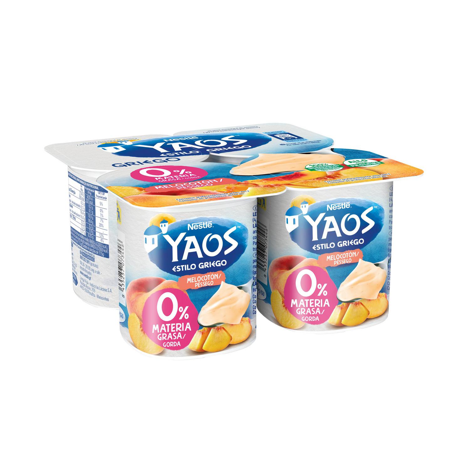 Yogur griego desnatado con melocotón Nestlé sin gluten pack de 4 unidades de 115 g.
