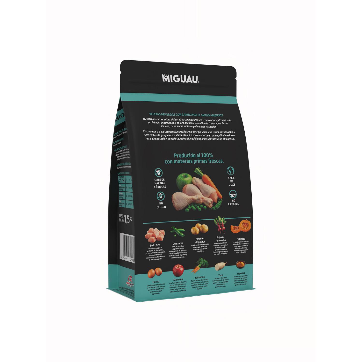 Pienso de pollo sin cereales con frutas y verduras para perro junior Miguau 1,5 kg