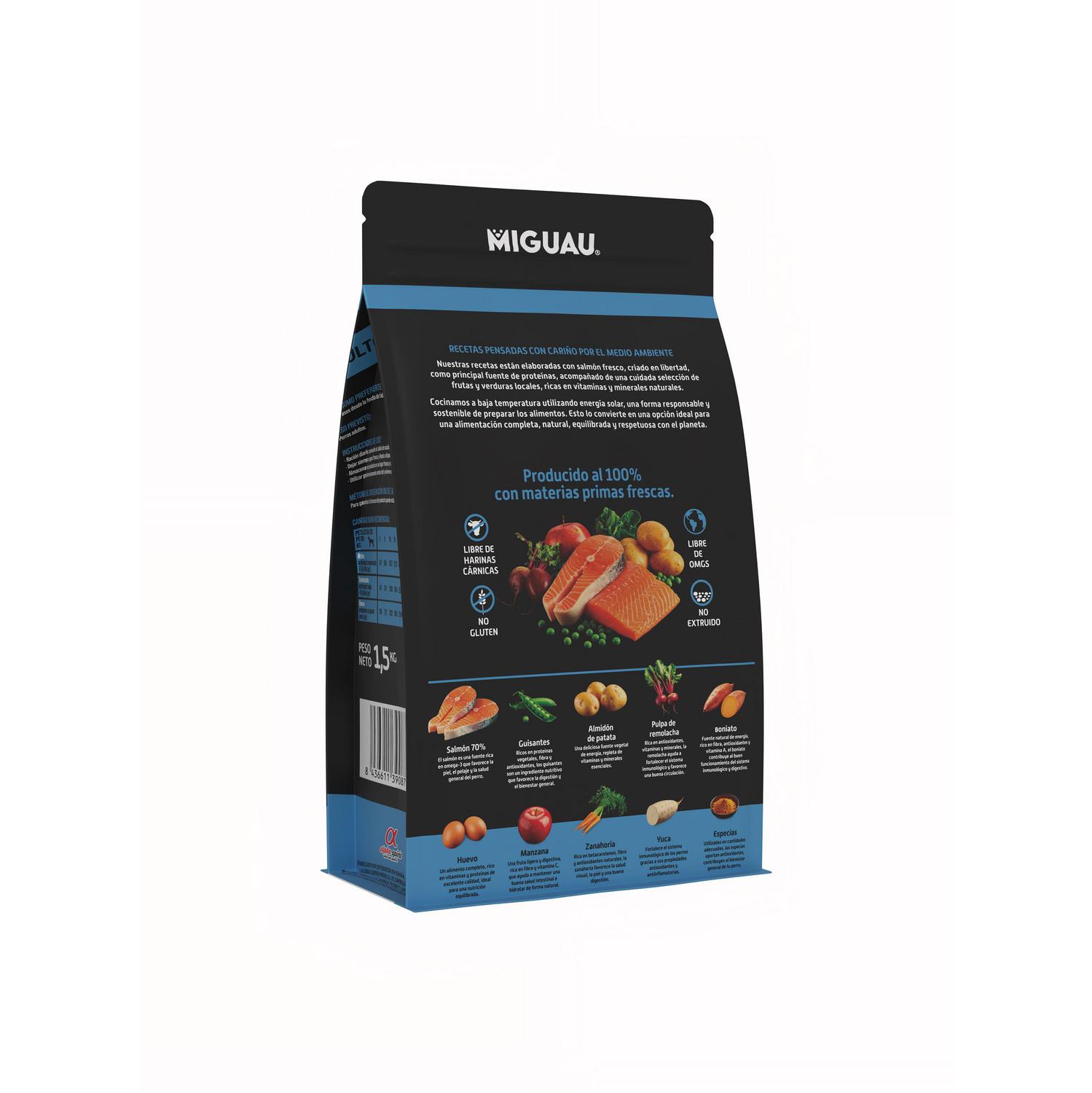 Pienso de salmón sin cereales con frutas y verduras para perro adulto Miguau 1,5 kg