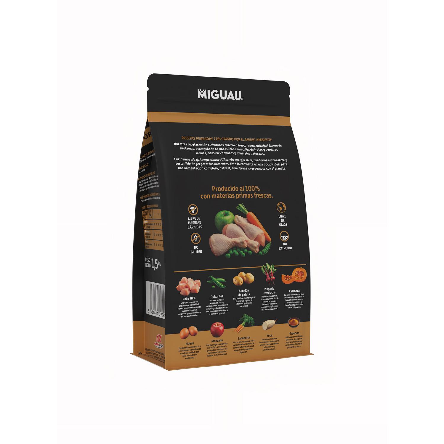 Pienso de pollo sin cereales con frutas y verduras para perro senior Miguau 1,5 kg