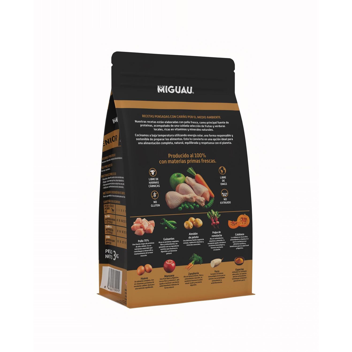 Pienso de pollo sin cereales con frutas y verduras para perro senior Miguau 3 kg
