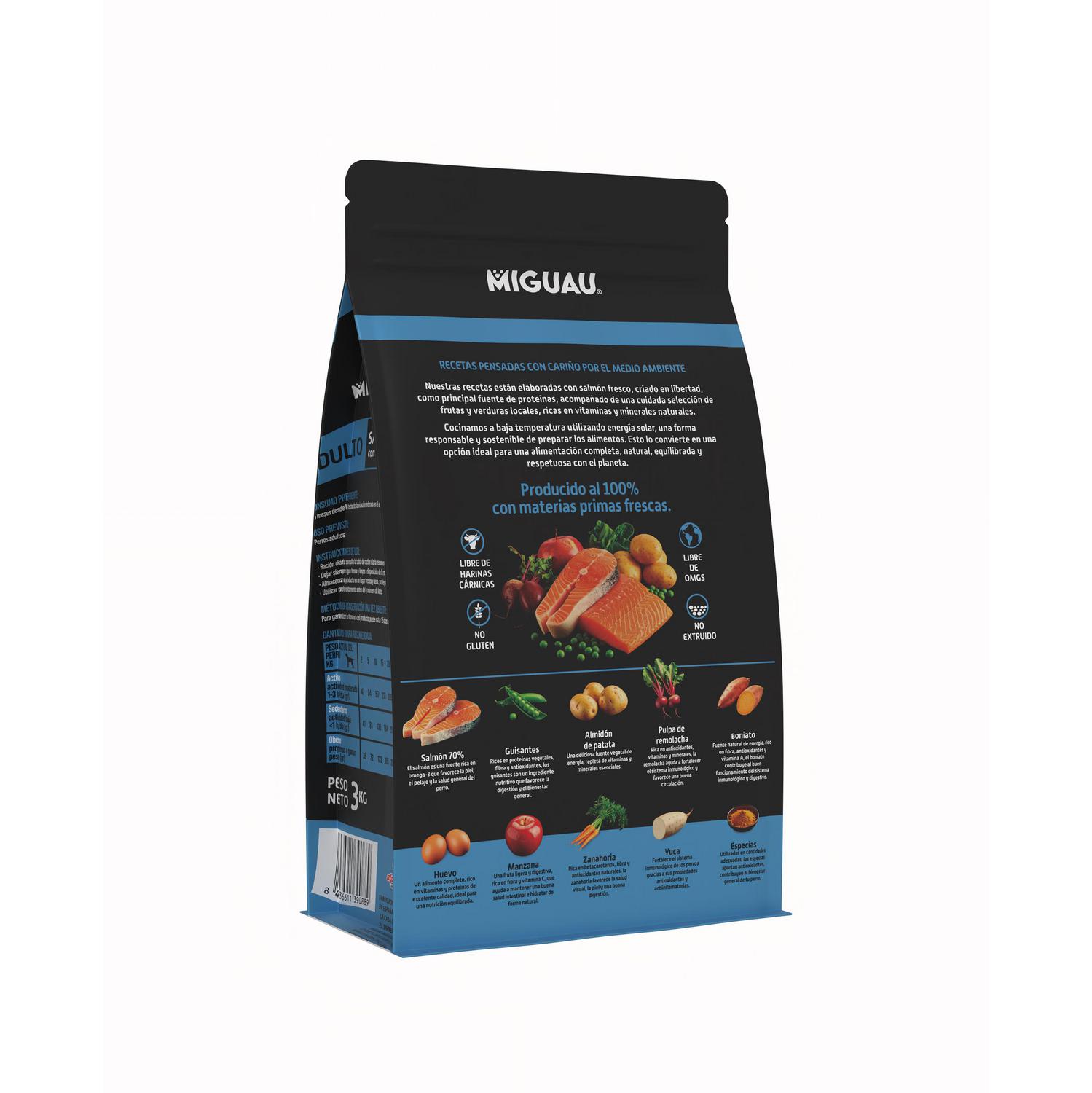 Pienso de salmón sin cereales con frutas y verduras para perro adulto Miguau 3 kg