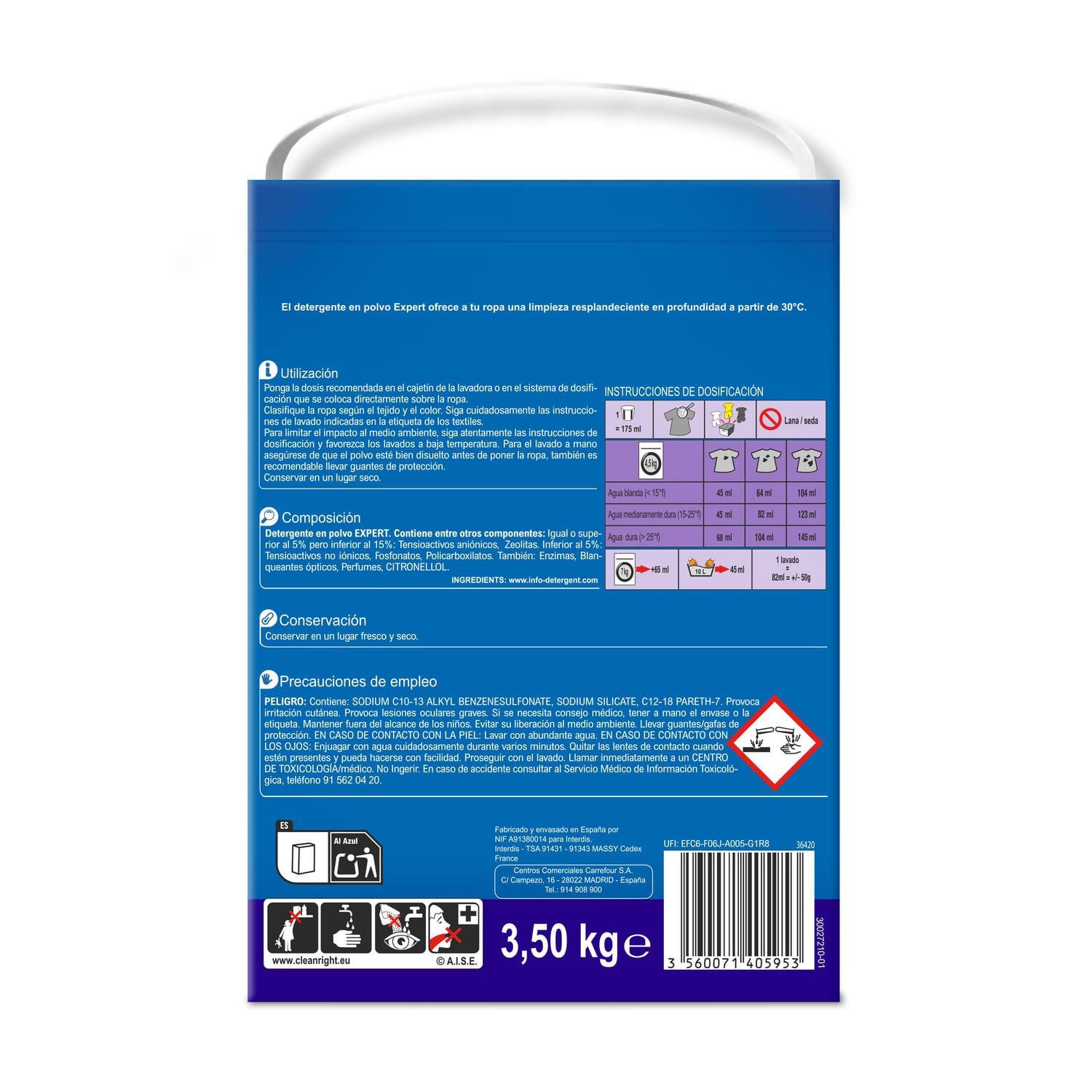 Detergente en polvo frescor alpino Expert Carrefour 70 lavados.