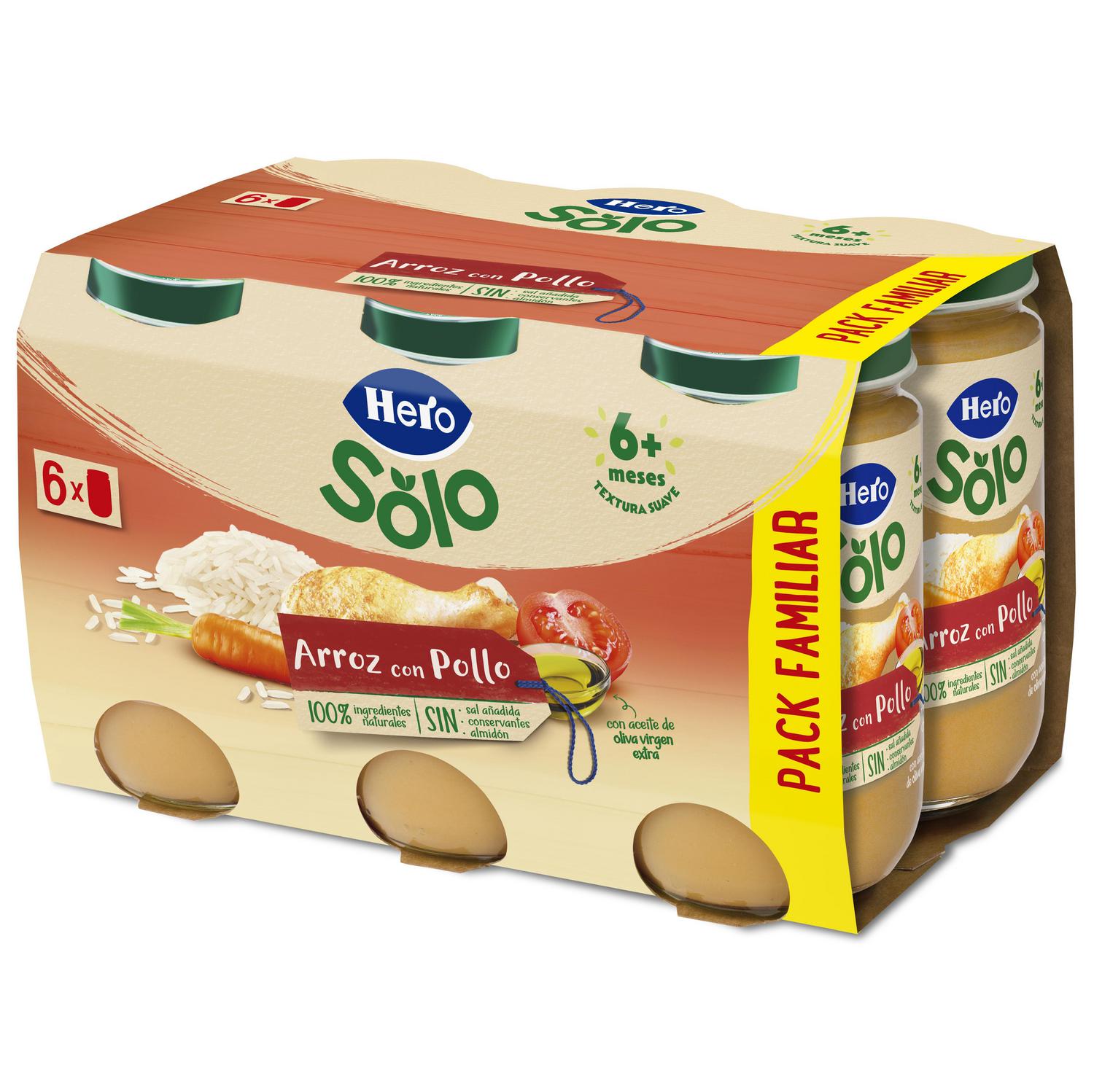 Tarrito de arroz con pollo desde 6 meses Hero Solo sin gluten pack de 6 unidades de 235 g.