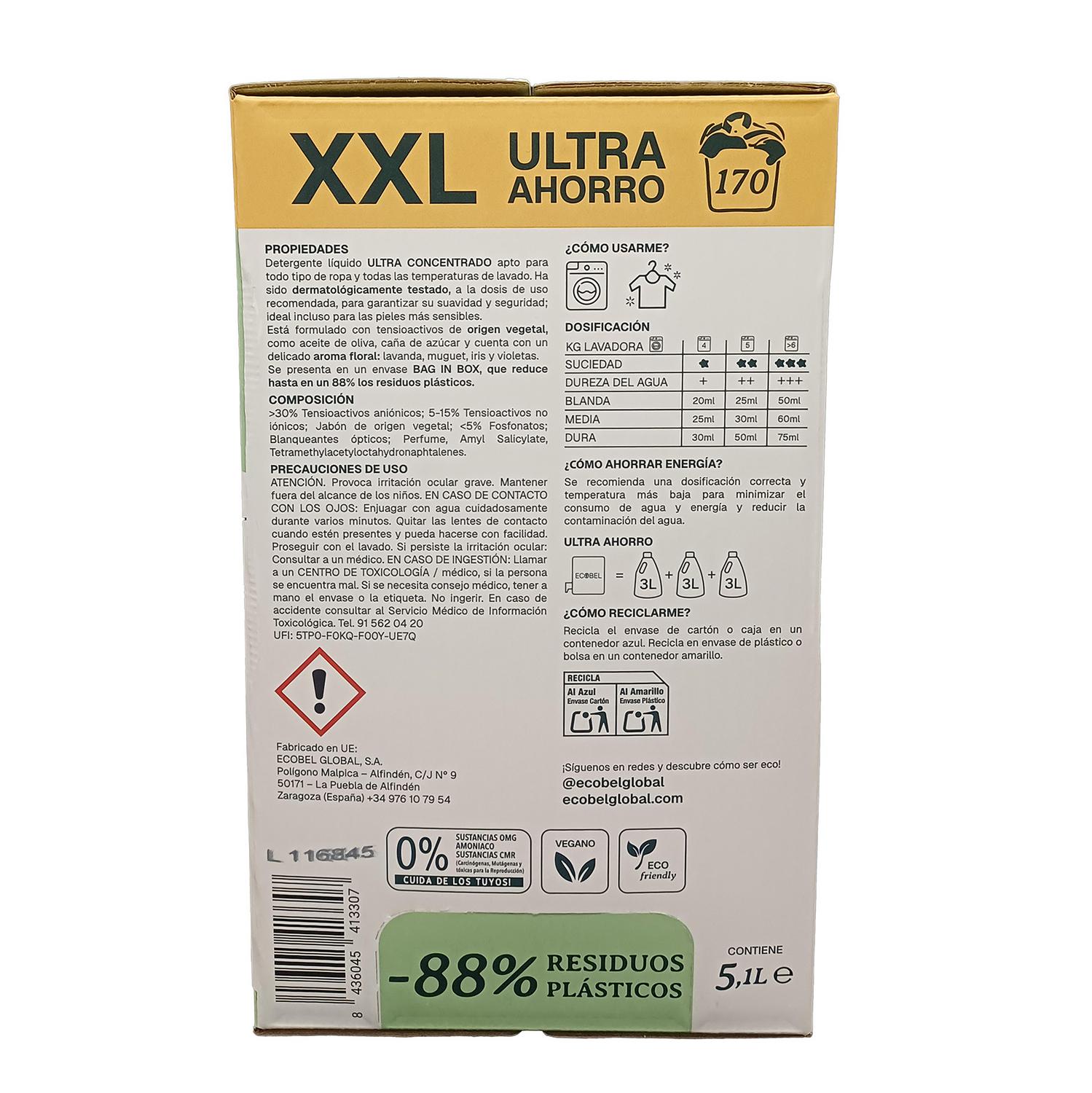 Detergente liquido ultra concentrado ecológico Ecobel 170 lavados.