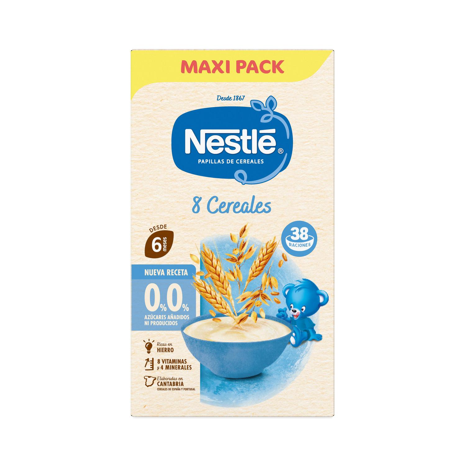 Papilla infantil desde 6 meses Nestlé 8 cereales sin azúcar añadido ni producidos 570 g.