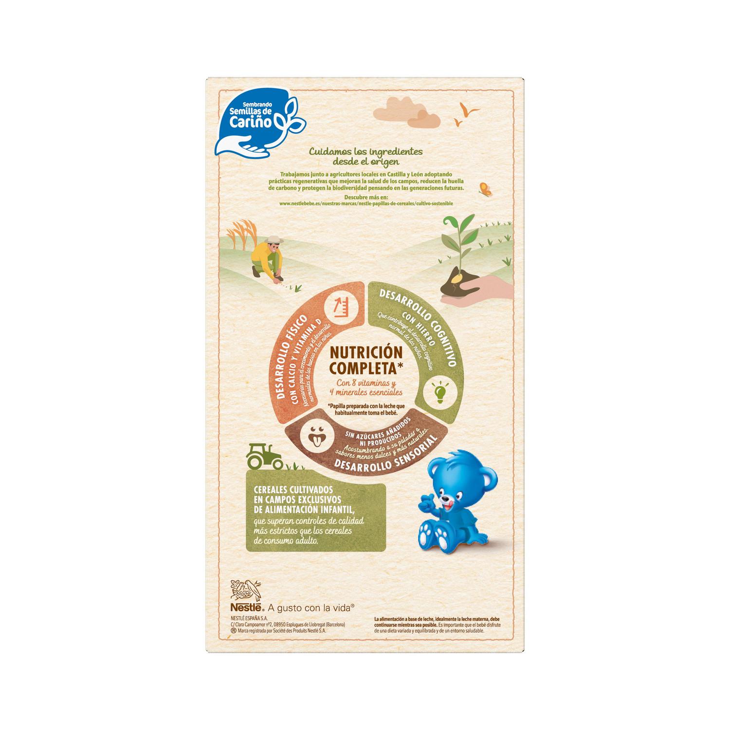 Papilla infantil desde 6 meses Nestlé 8 cereales sin azúcar añadido ni producidos 570 g.