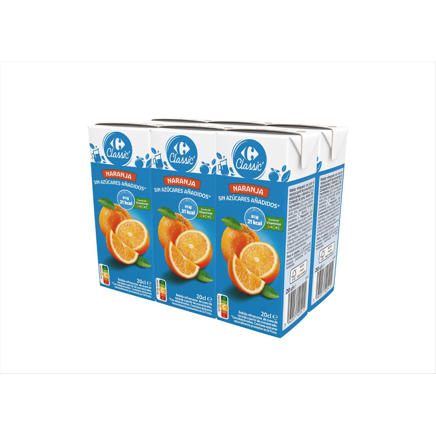 Néctar de naranja Carrefour Classic sin azúcares añadidos pack de 6 brik de 20 cl.