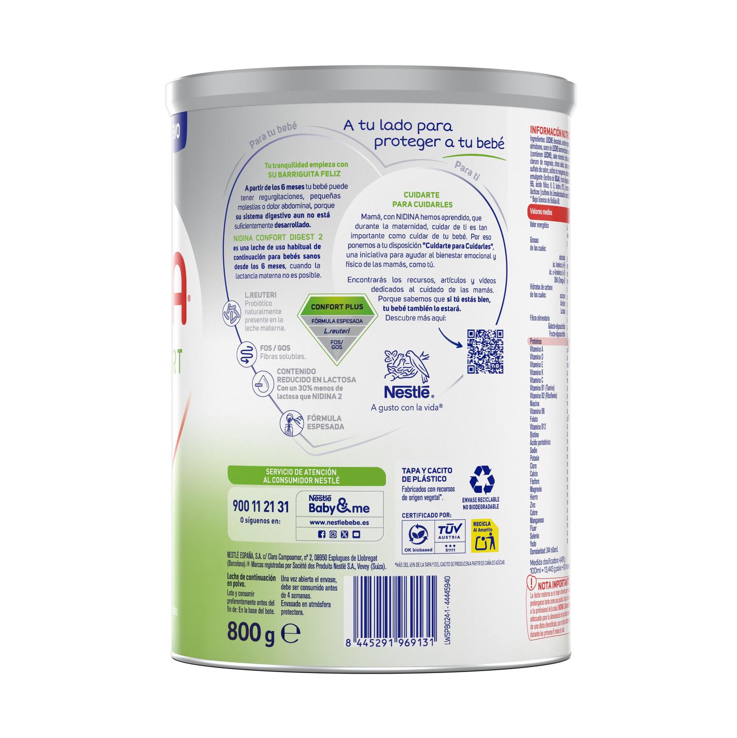 Leche infantil de continuación desde los 6 meses en polvo Confort Digest Nestlé Nidina 2 lata 800 g.