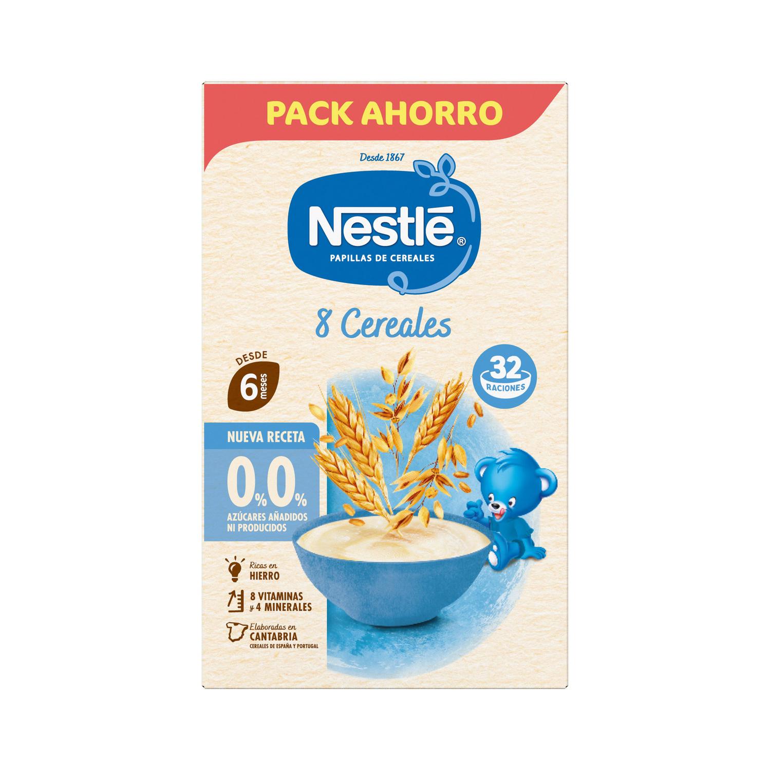 Papilla infantil desde 6 meses Nestlé 8 cereales sin azúcar añadido ni producidos 480 g.