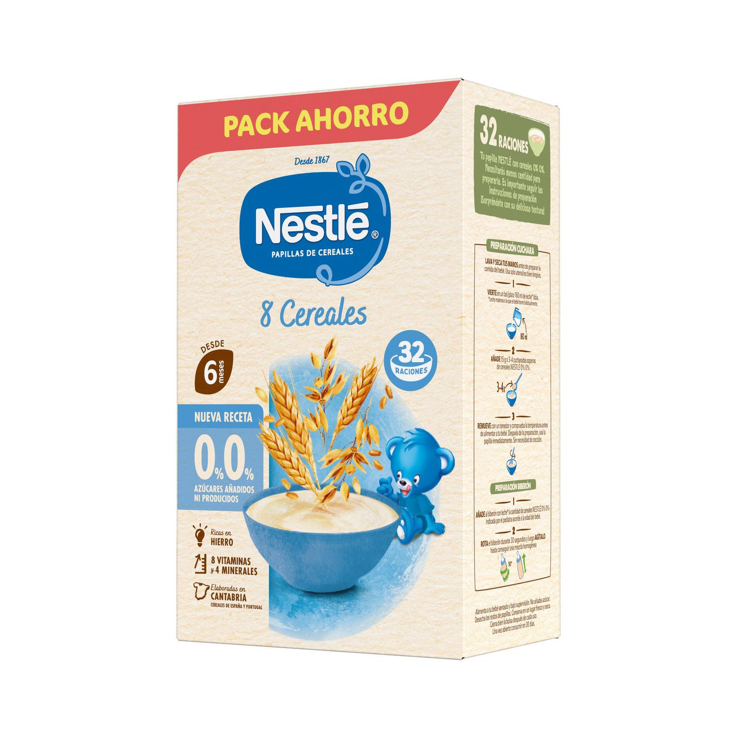 Papilla infantil desde 6 meses Nestlé 8 cereales sin azúcar añadido ni producidos 480 g.