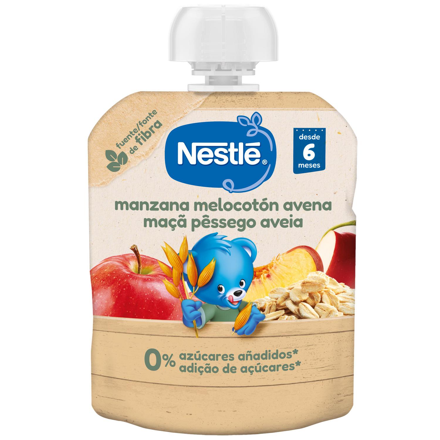 Bolsita de manzana, melocotón y avena desde 6 meses Nestlé sin azúcar añadido 90 g.