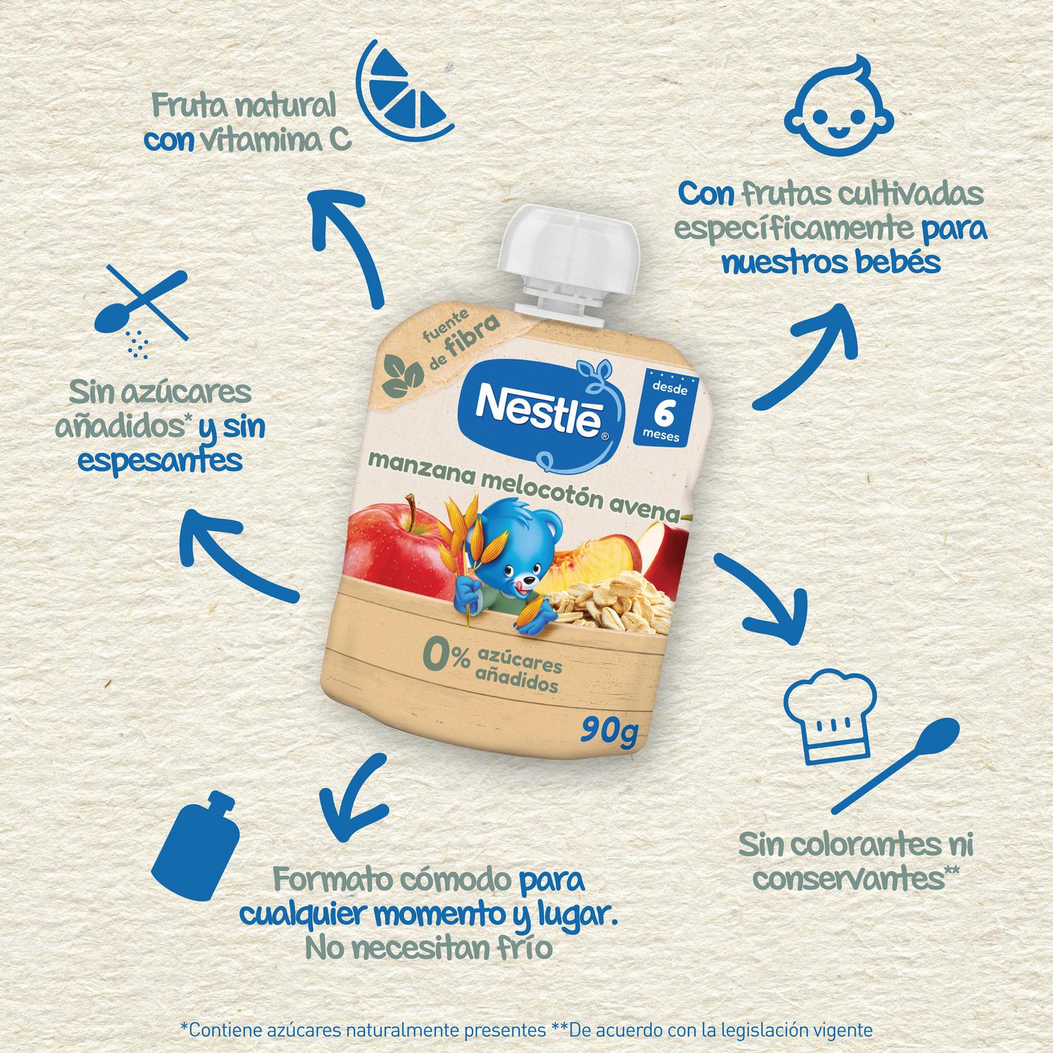 Bolsita de manzana, melocotón y avena desde 6 meses Nestlé sin azúcar añadido 90 g.