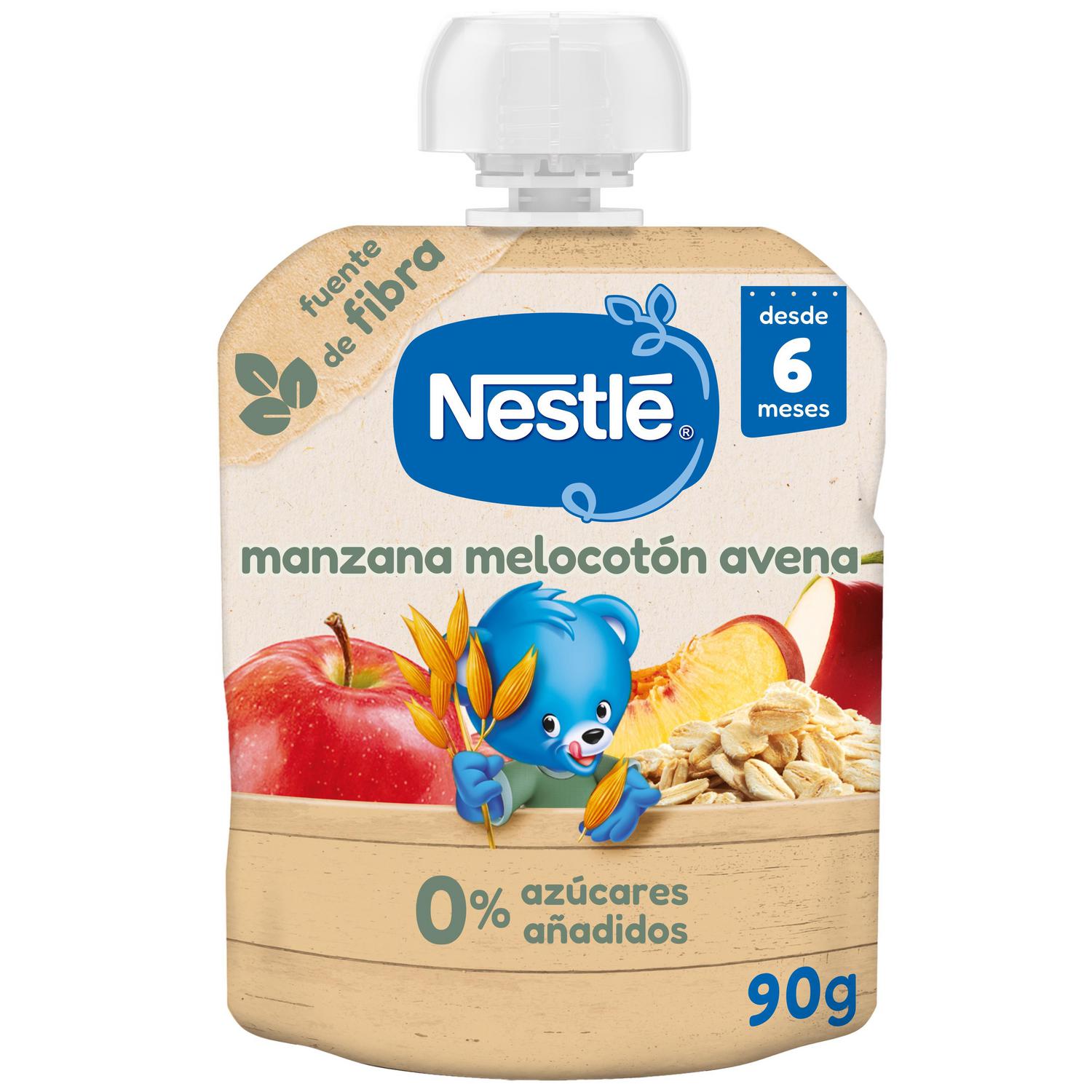Bolsita de manzana, melocotón y avena desde 6 meses Nestlé sin azúcar añadido 90 g.