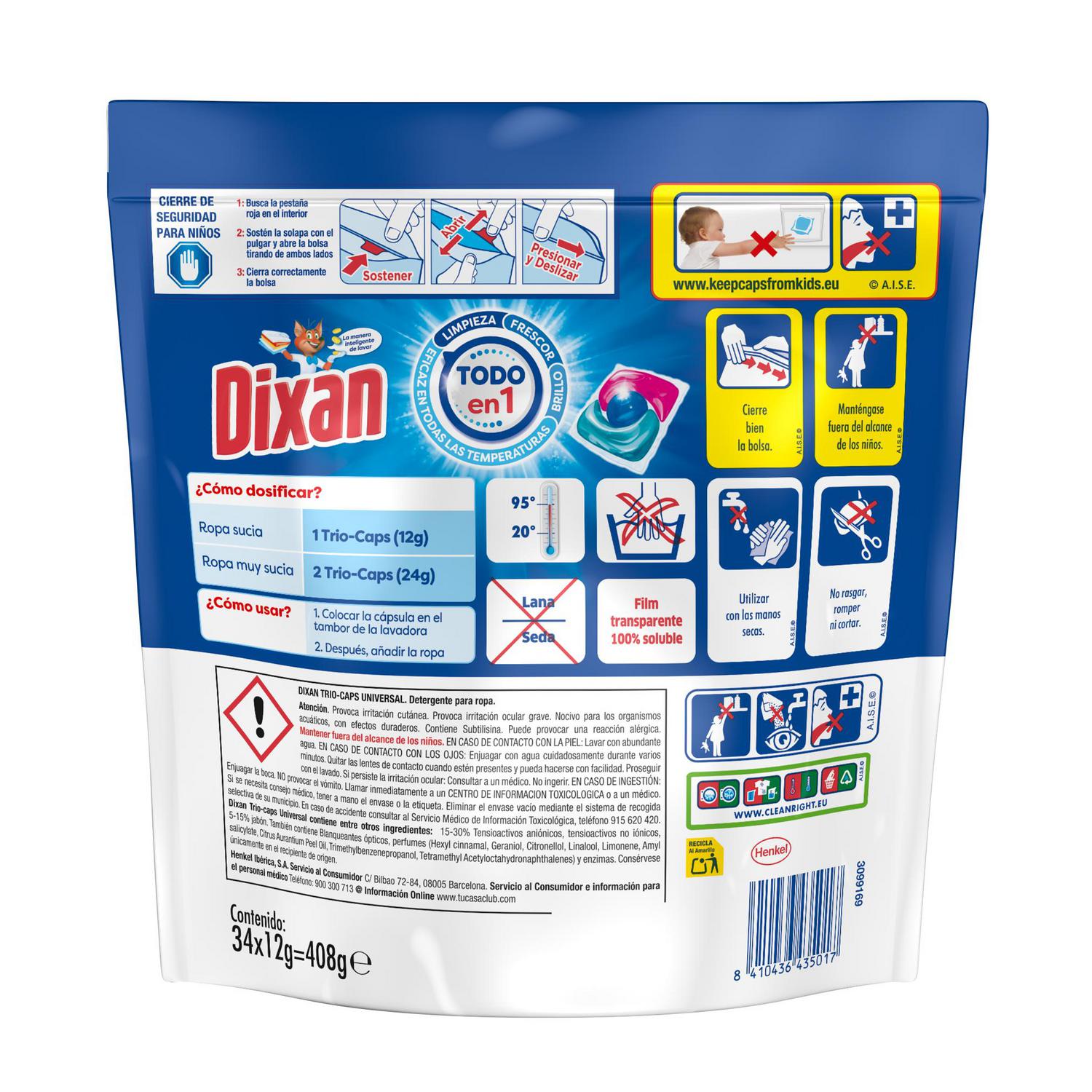 Detergente en cápsulas Trio Caps Universal Dixan 34 ud.