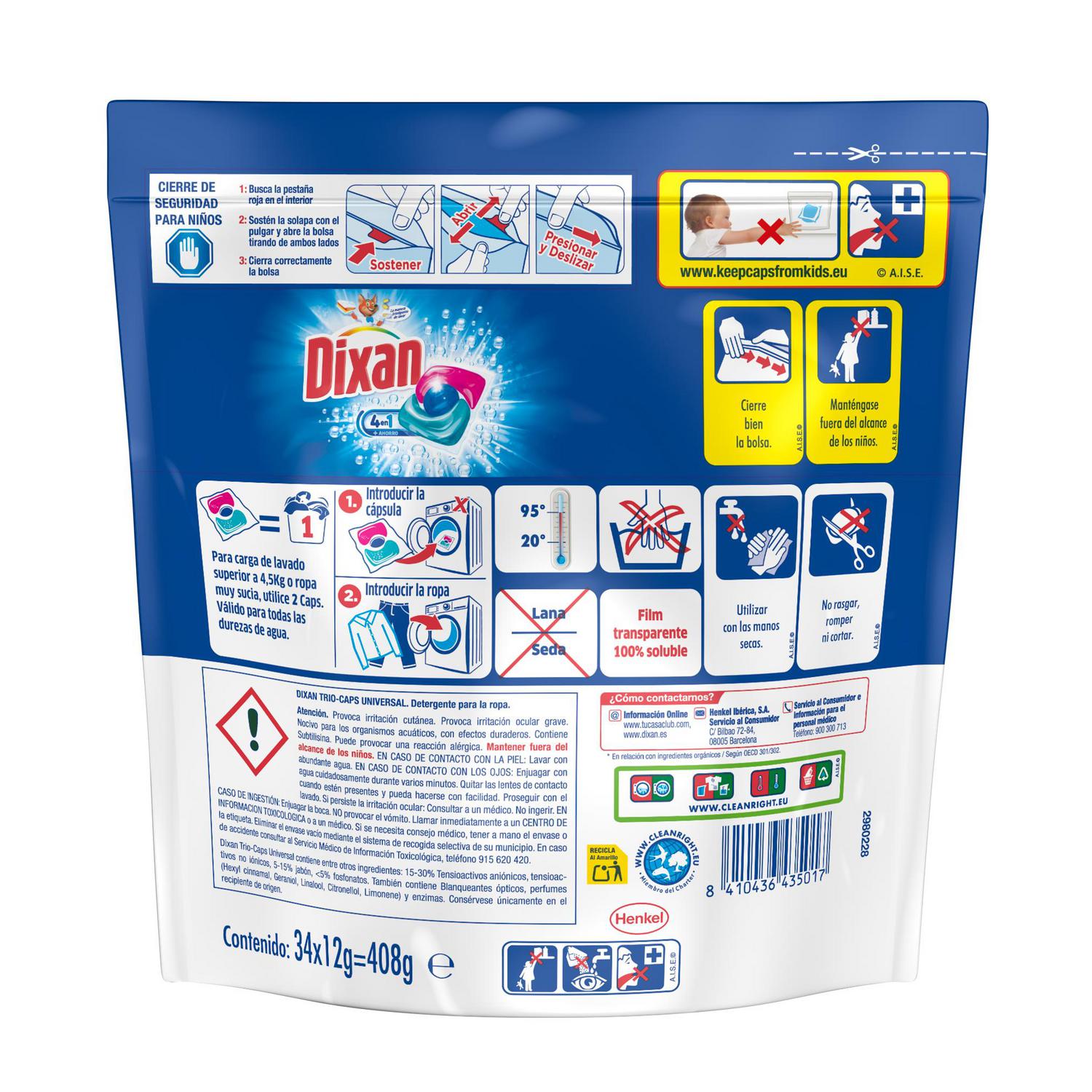 Detergente en cápsulas Trio Caps Universal Dixan 34 ud.