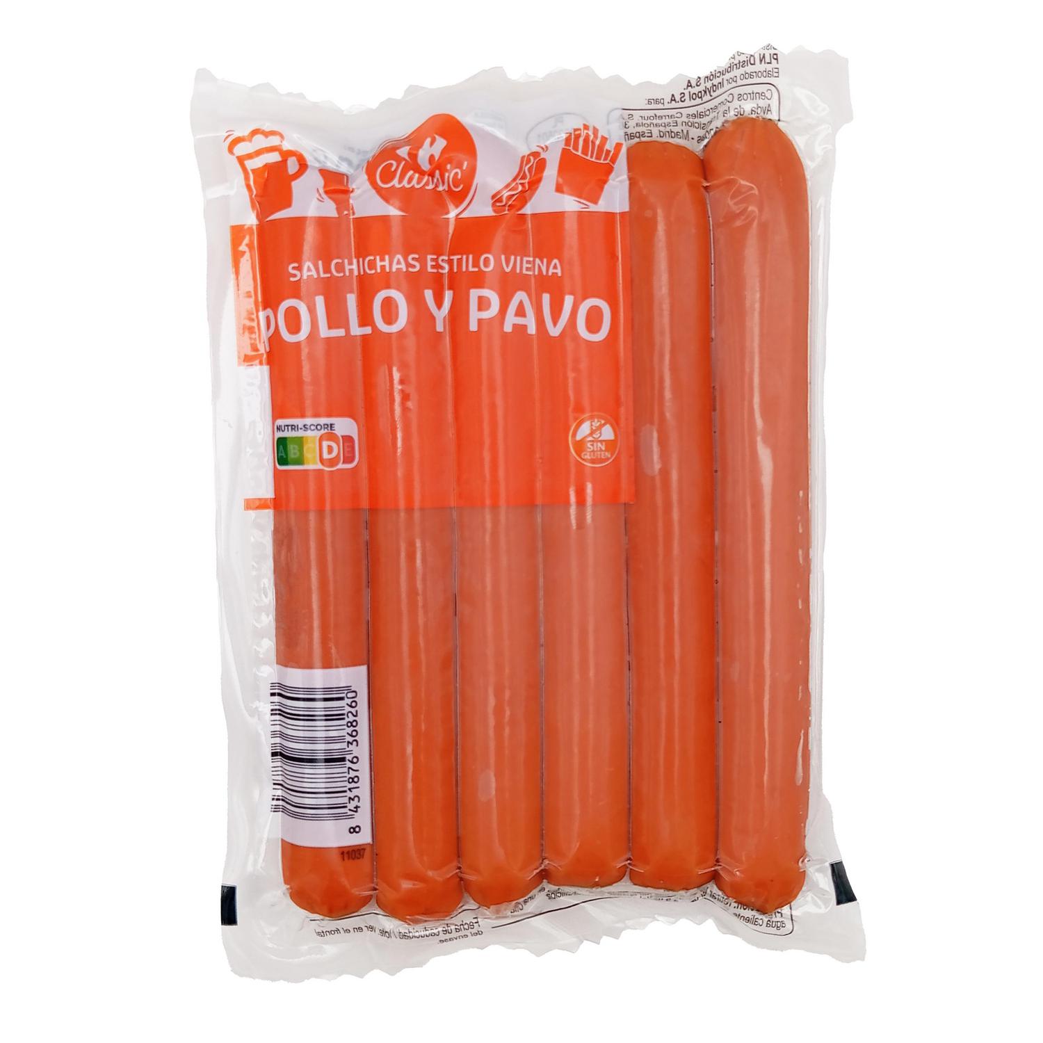Salchichas cocidas de pollo y pavo ahumadas Carrefour Clasicc sin gluten 200 g.