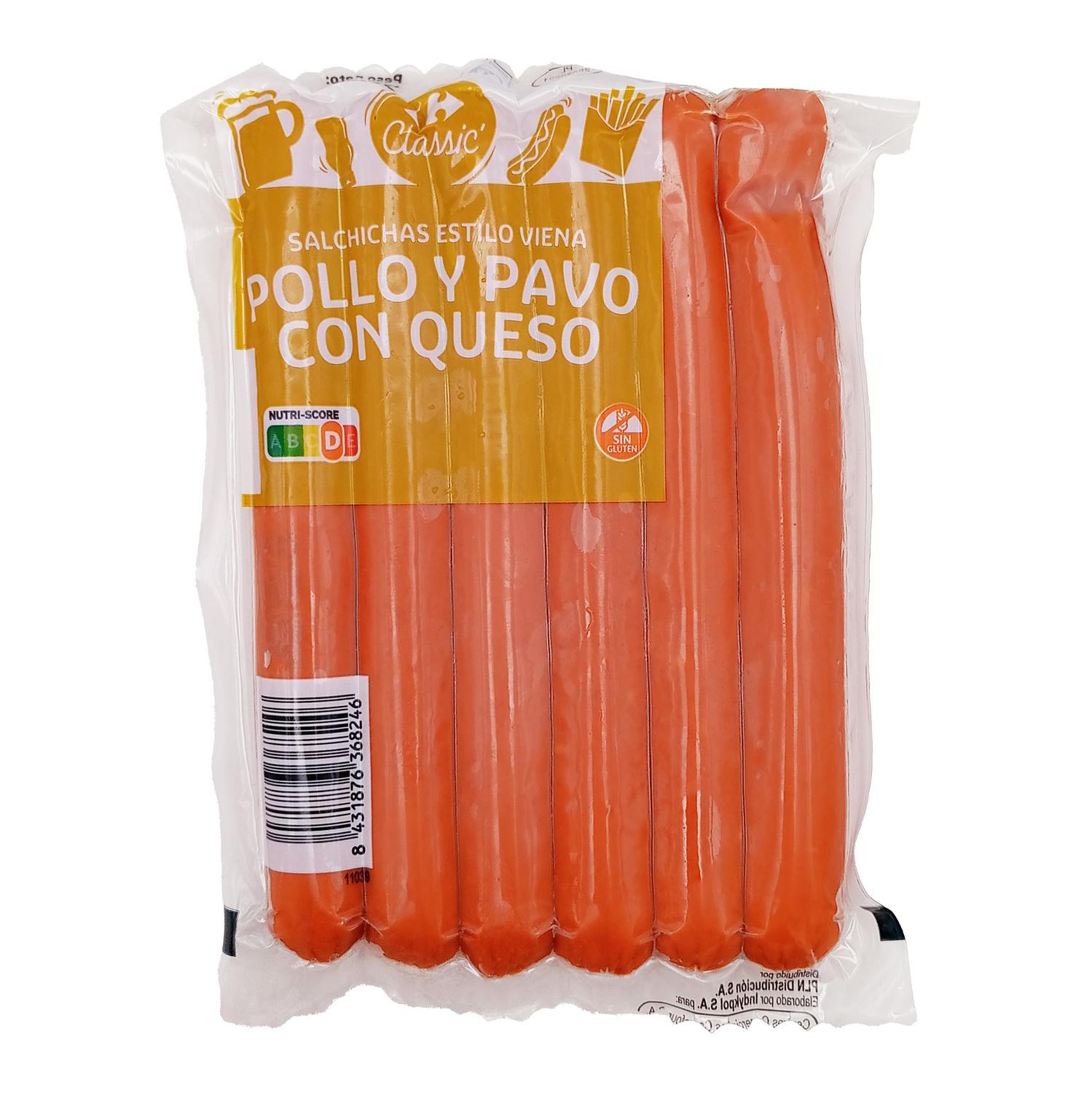 Salchichas cocidas de pollo y pavo con queso ahumadas Carrefour Classic sin gluten 200 g.