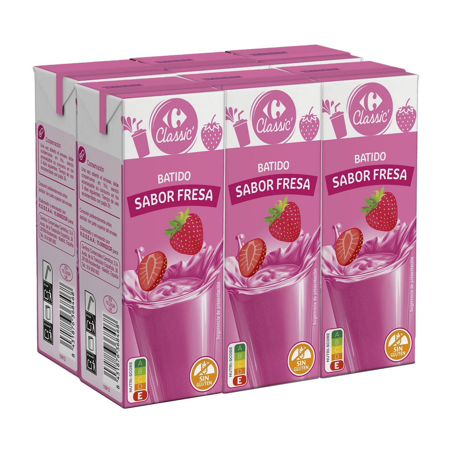 Batido de fresa Carrefour Classic sin gluten pack de 6 minibriks de 200 ml.
