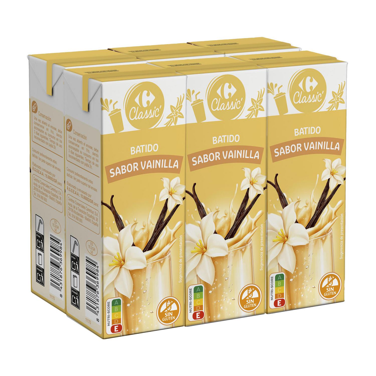 Batido de vainilla Carrefour Classic sin gluten pack de 6 minibriks de 200 ml.