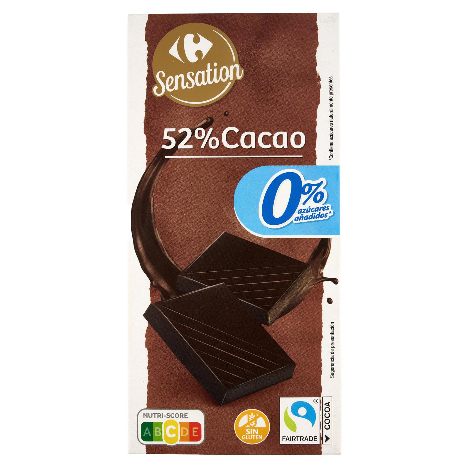 Chocolate negro 52% cacao Carrefour Sensation sin gluten y sin azúcar añadido 100 g.
