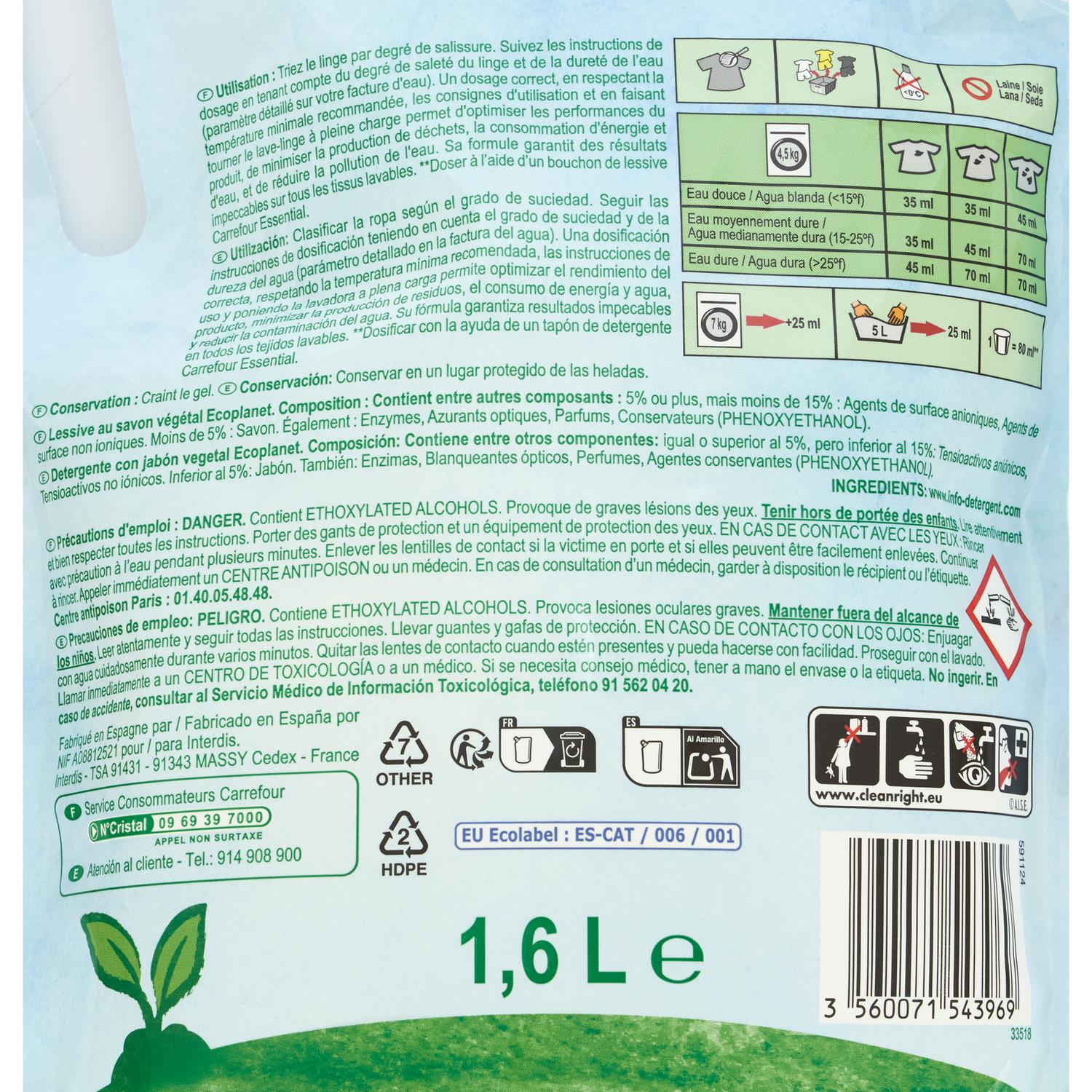 Detergente líquido con jabón vegetal recarga Carrefour Eco planet 35 lavados.