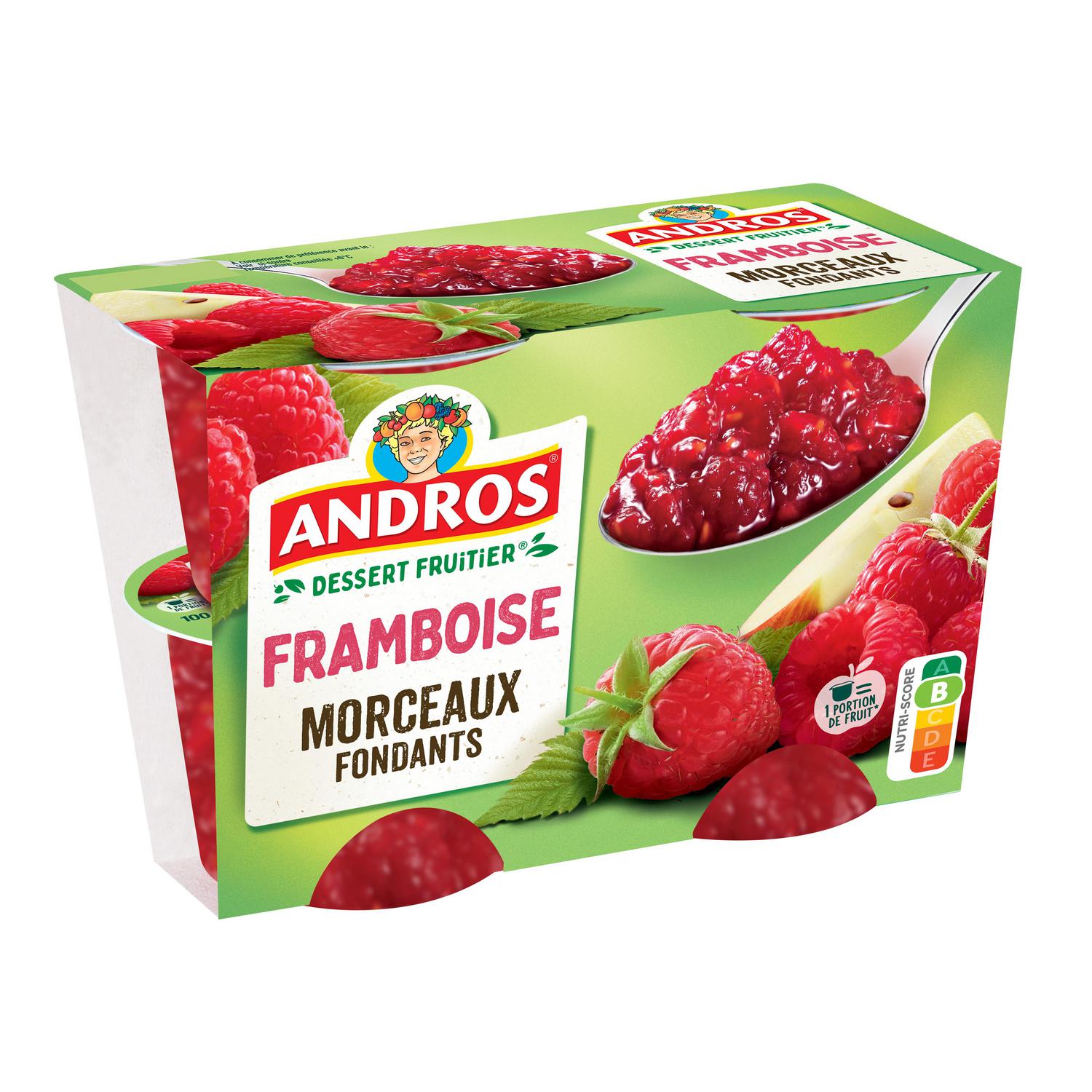 Especialidad de frambuesa con trozos Andros pack de 4 unidades de 100 g.
