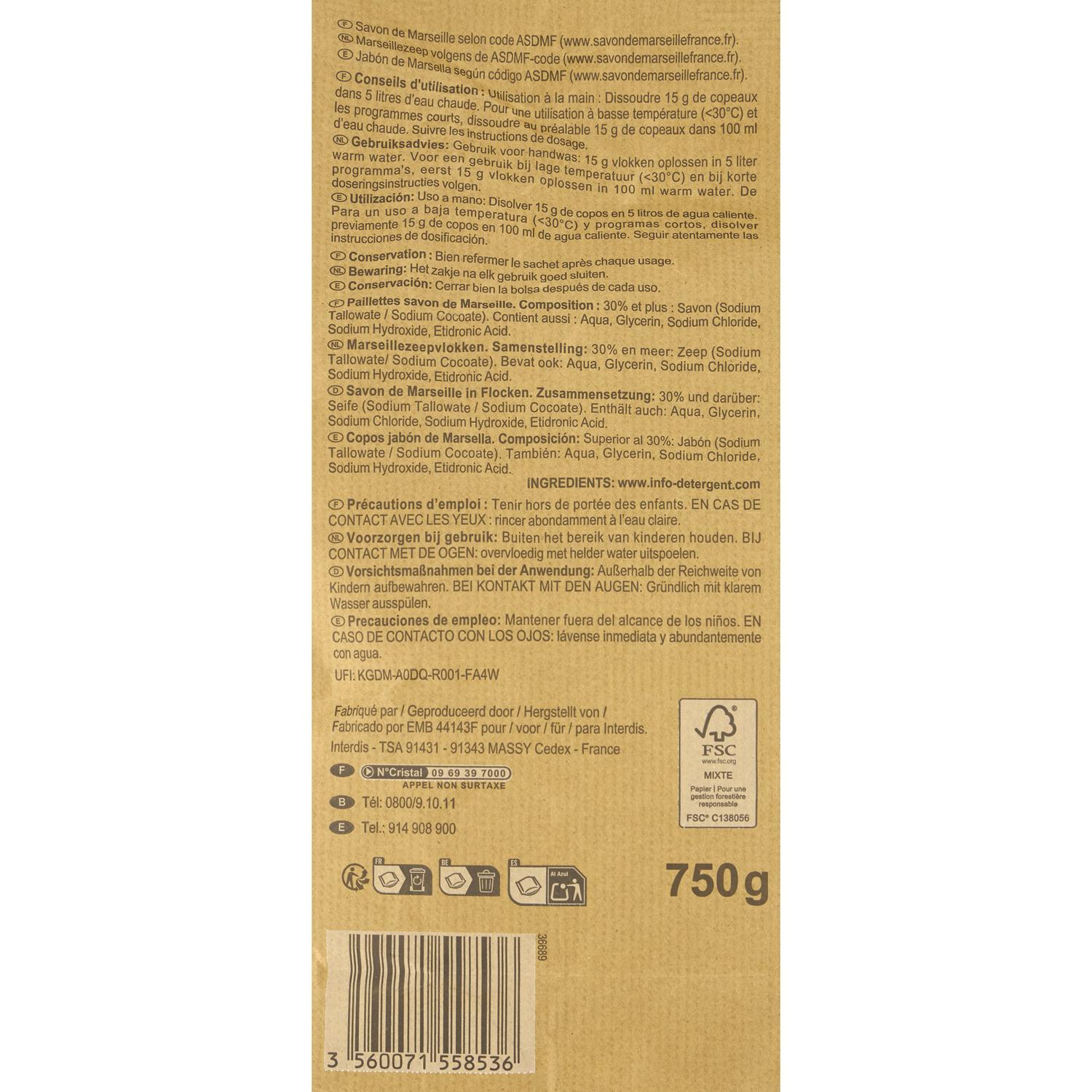 Jabón en copos Marsella Essential Carrefour 750  g.