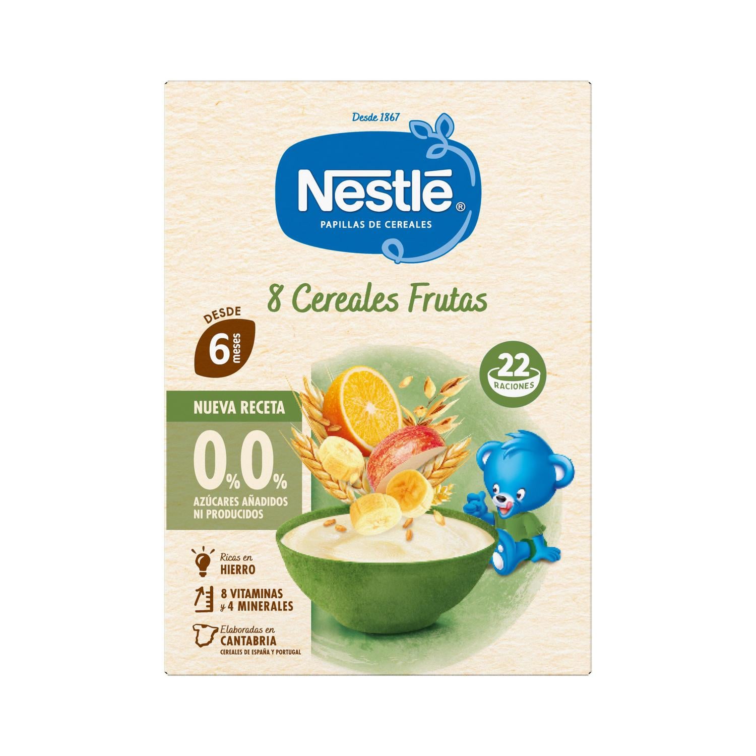 Papilla infantil desde 6 meses Nestlé 8 cereales con fruta sin azúcar añadido 330 g.