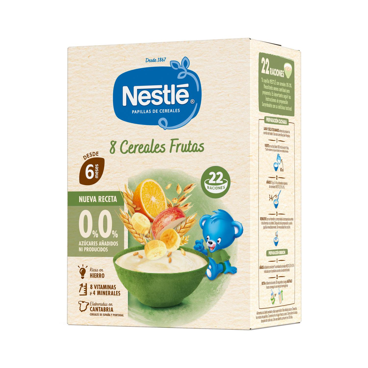 Papilla infantil desde 6 meses Nestlé 8 cereales con fruta sin azúcar añadido 330 g.