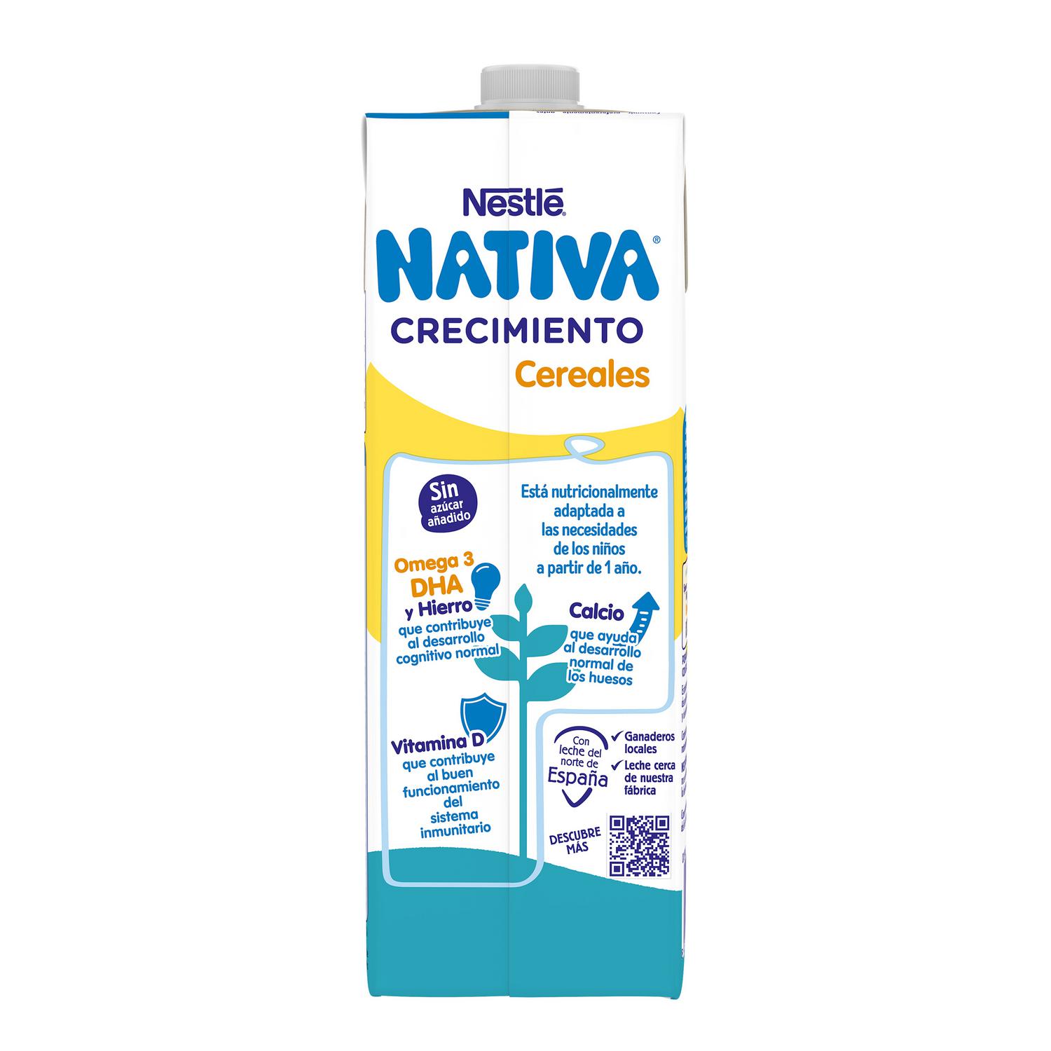Leche infantil de crecimiento de 12 a 36 meses con cereales Nestlé Nativa Crecimiento 3 sin azúcar añadido brik 1 l.