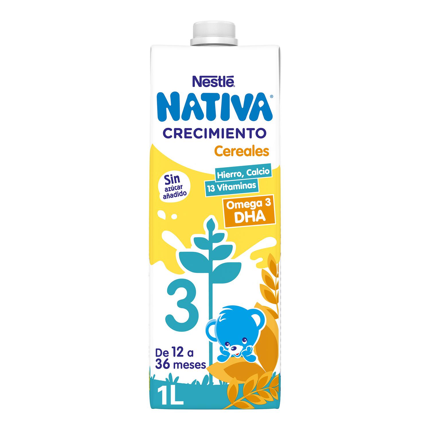Leche infantil de crecimiento de 12 a 36 meses con cereales Nestlé Nativa Crecimiento 3 sin azúcar añadido brik 1 l.
