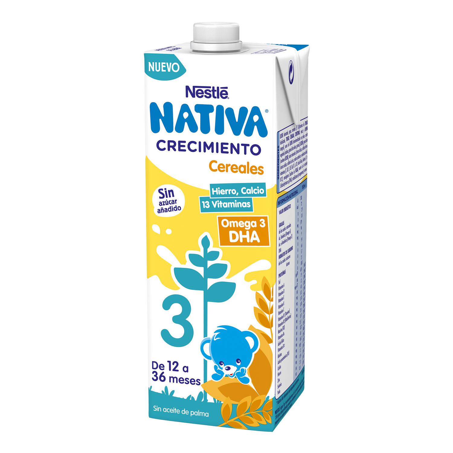 Leche infantil de crecimiento de 12 a 36 meses con cereales Nestlé Nativa Crecimiento 3 sin azúcar añadido brik 1 l.